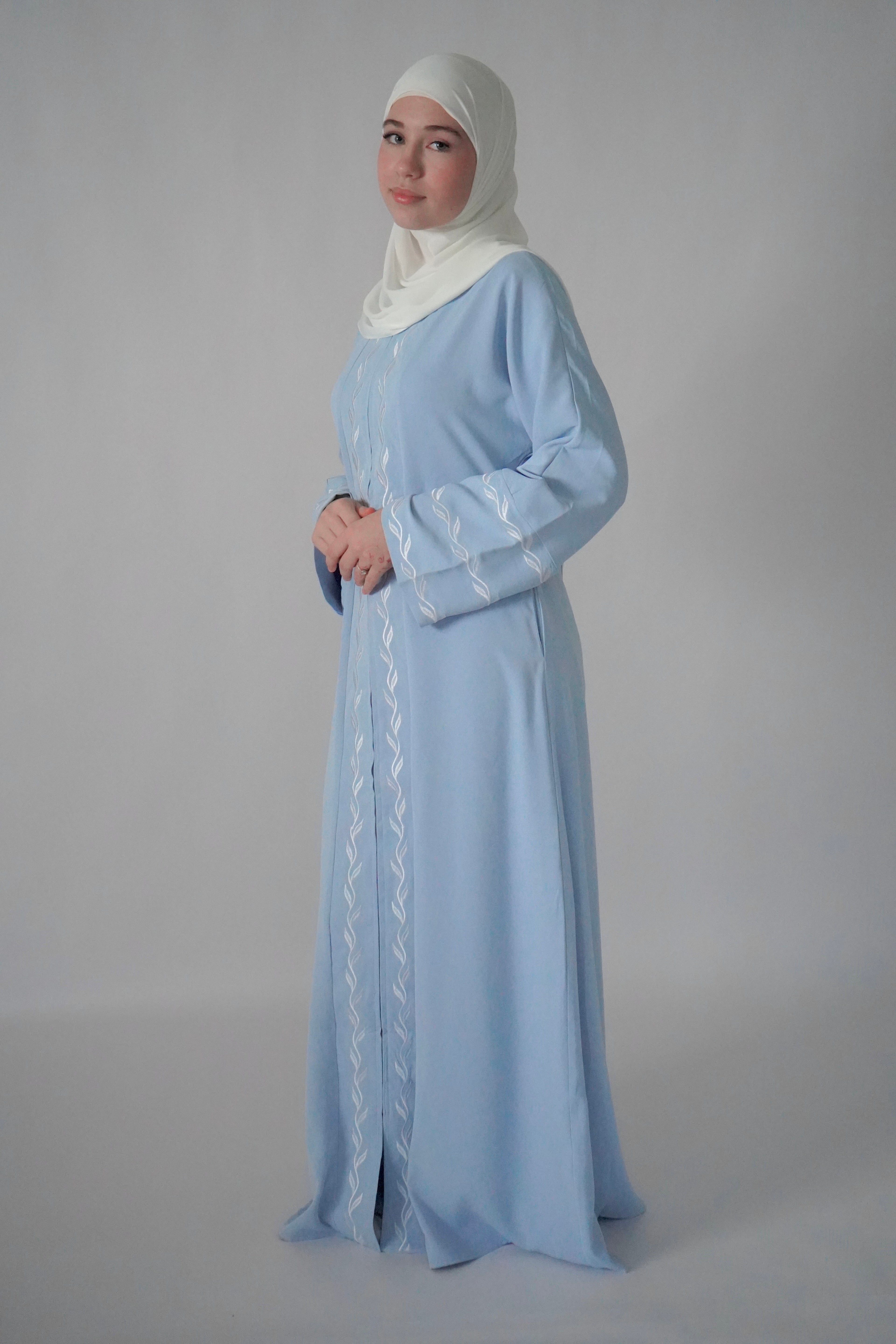 Zip Up Embroidery Abaya - Light Blue
