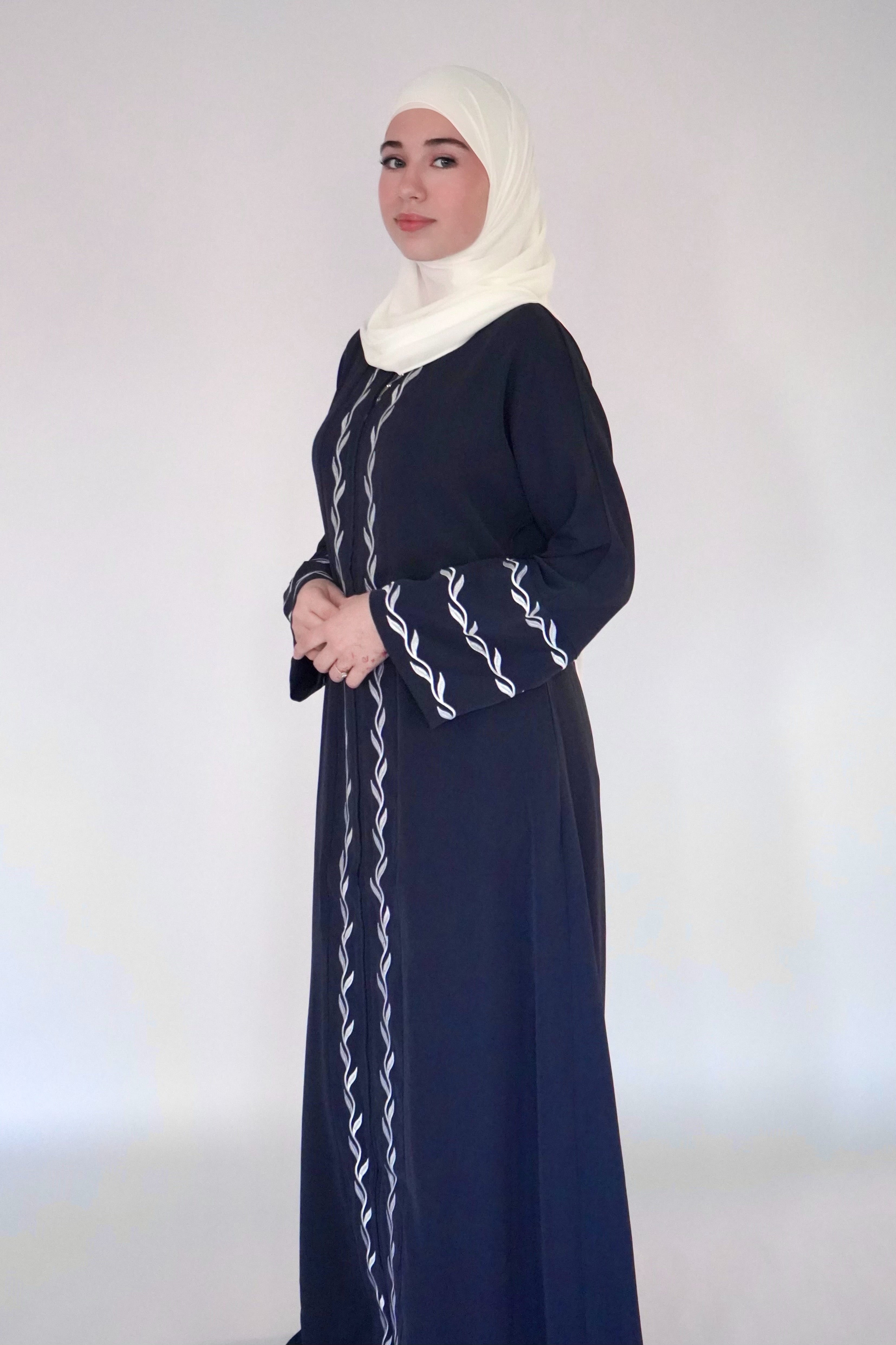 Zip Up Embroidery Abaya - Navy