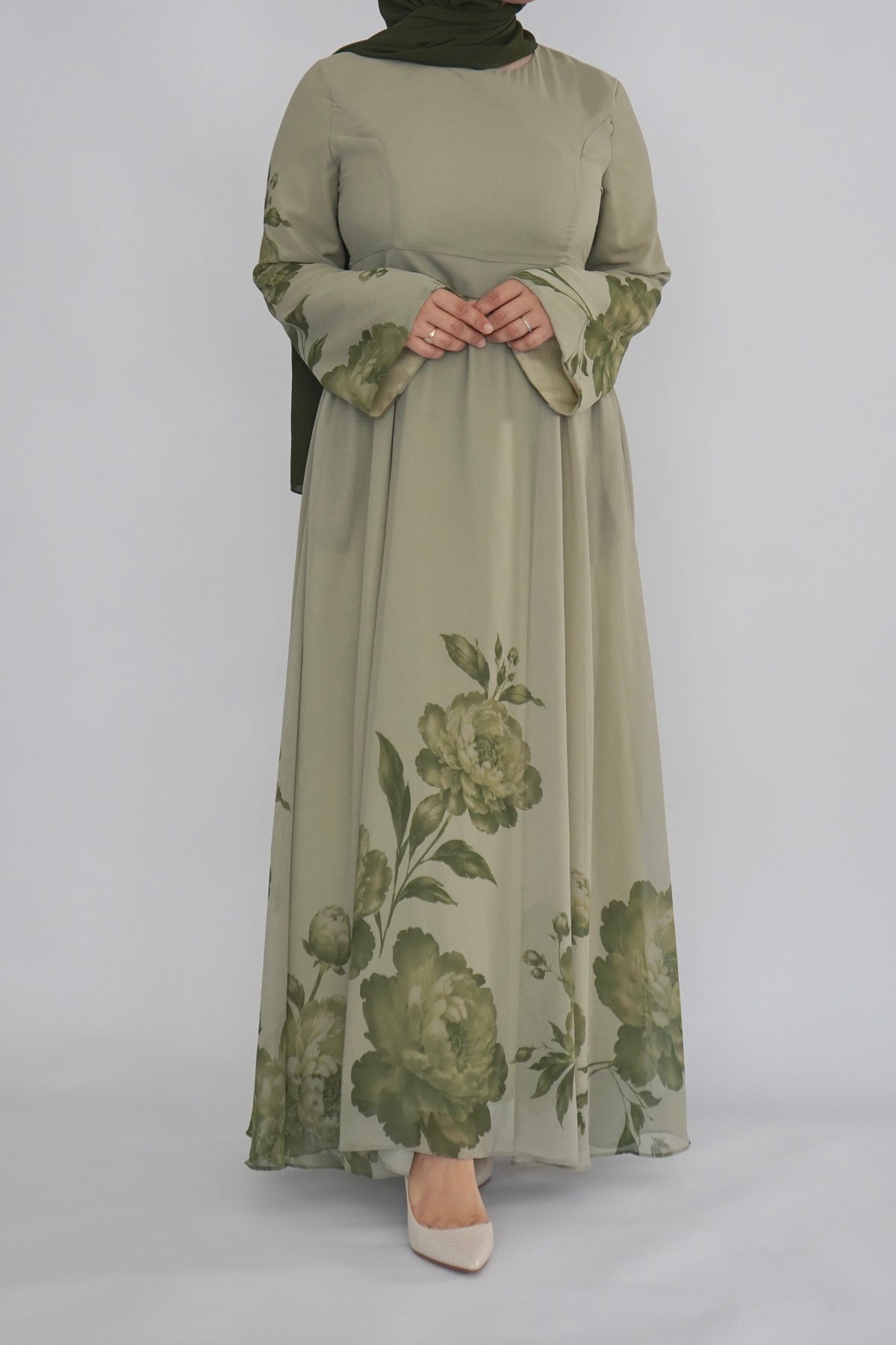 Olive Floral Print Dress - Chiffon