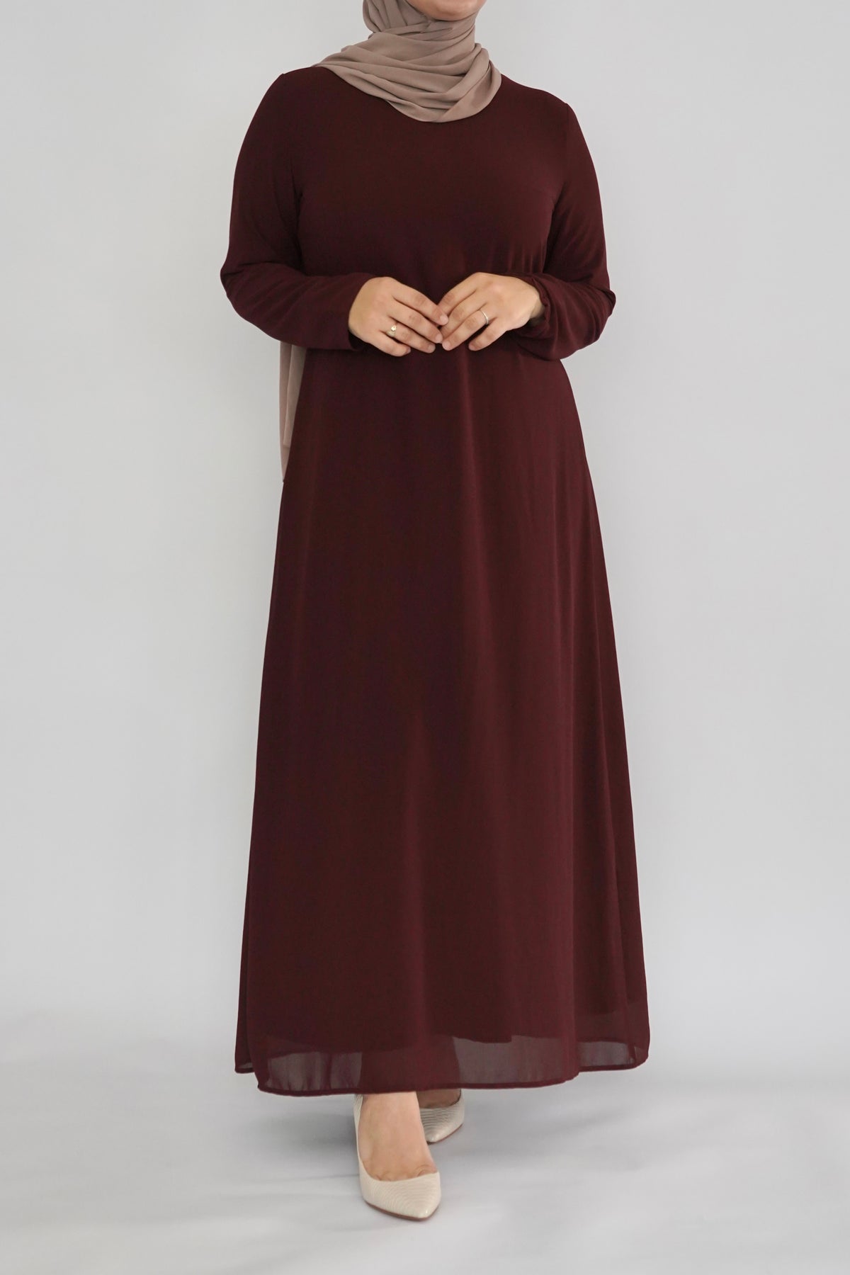 Two Piece Tiered Chiffon Abaya - Deep Maroon