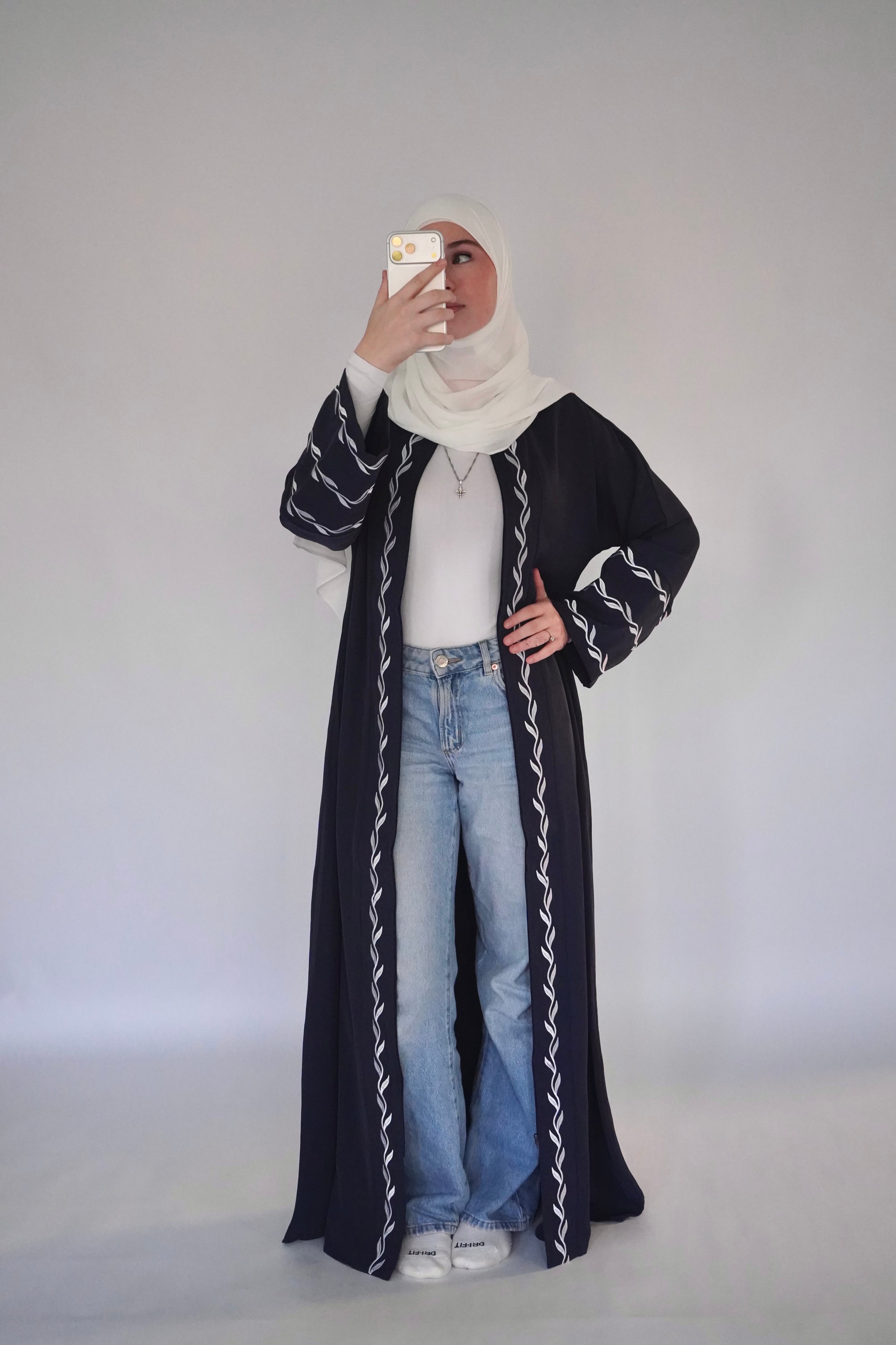 Zip Up Embroidery Abaya - Navy