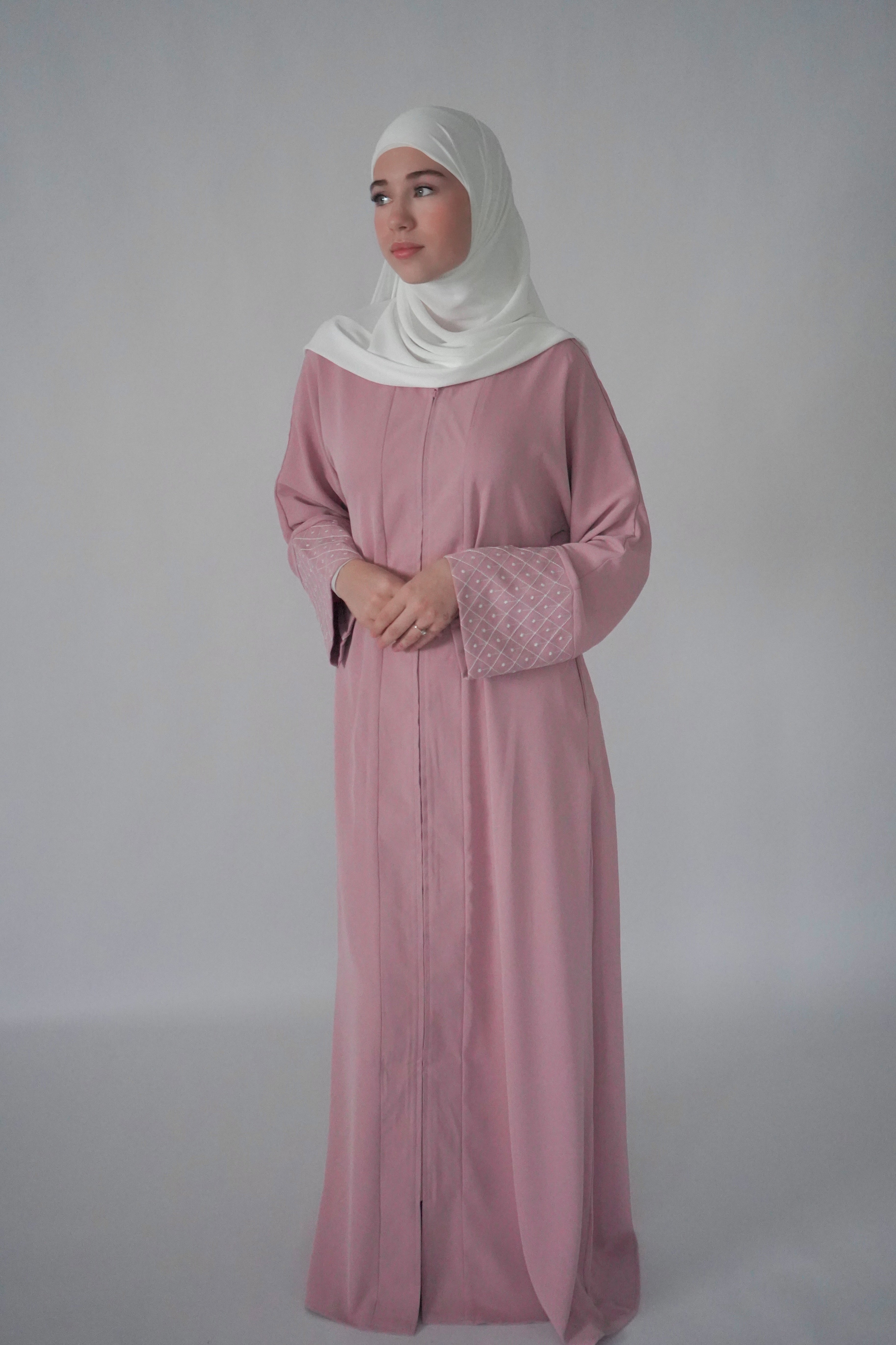 Zip Up Embroidery Abaya - Pink