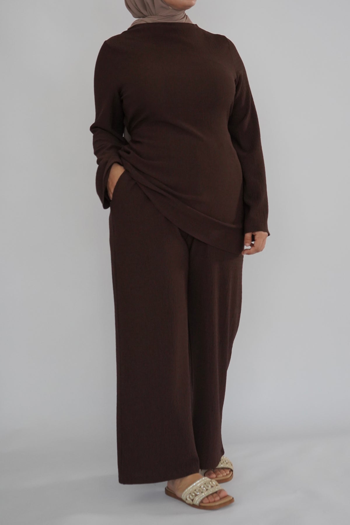 Textured Tunic & Pants Set - Espresso Brown