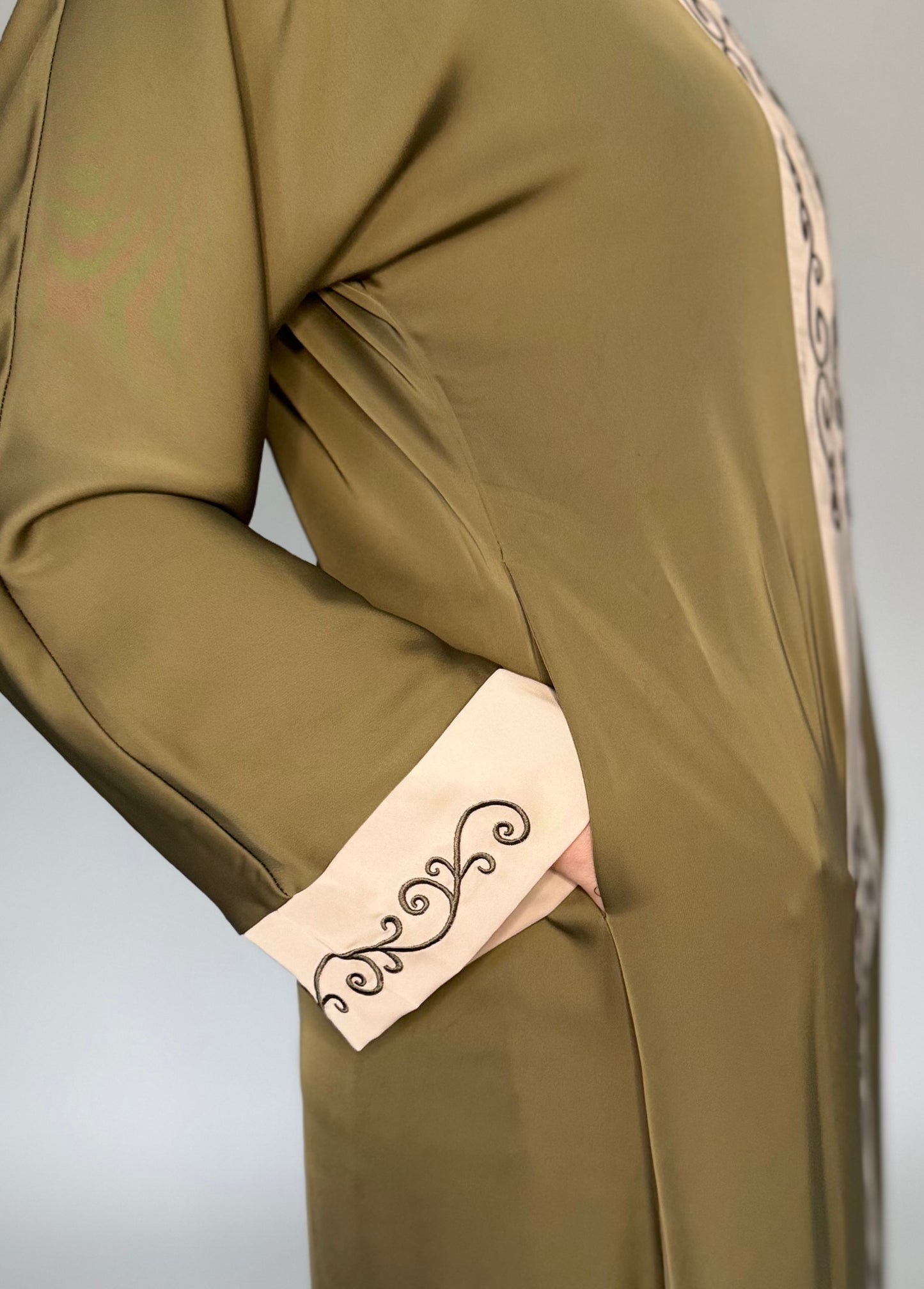 Zip Up Embroidery Abaya - Olive