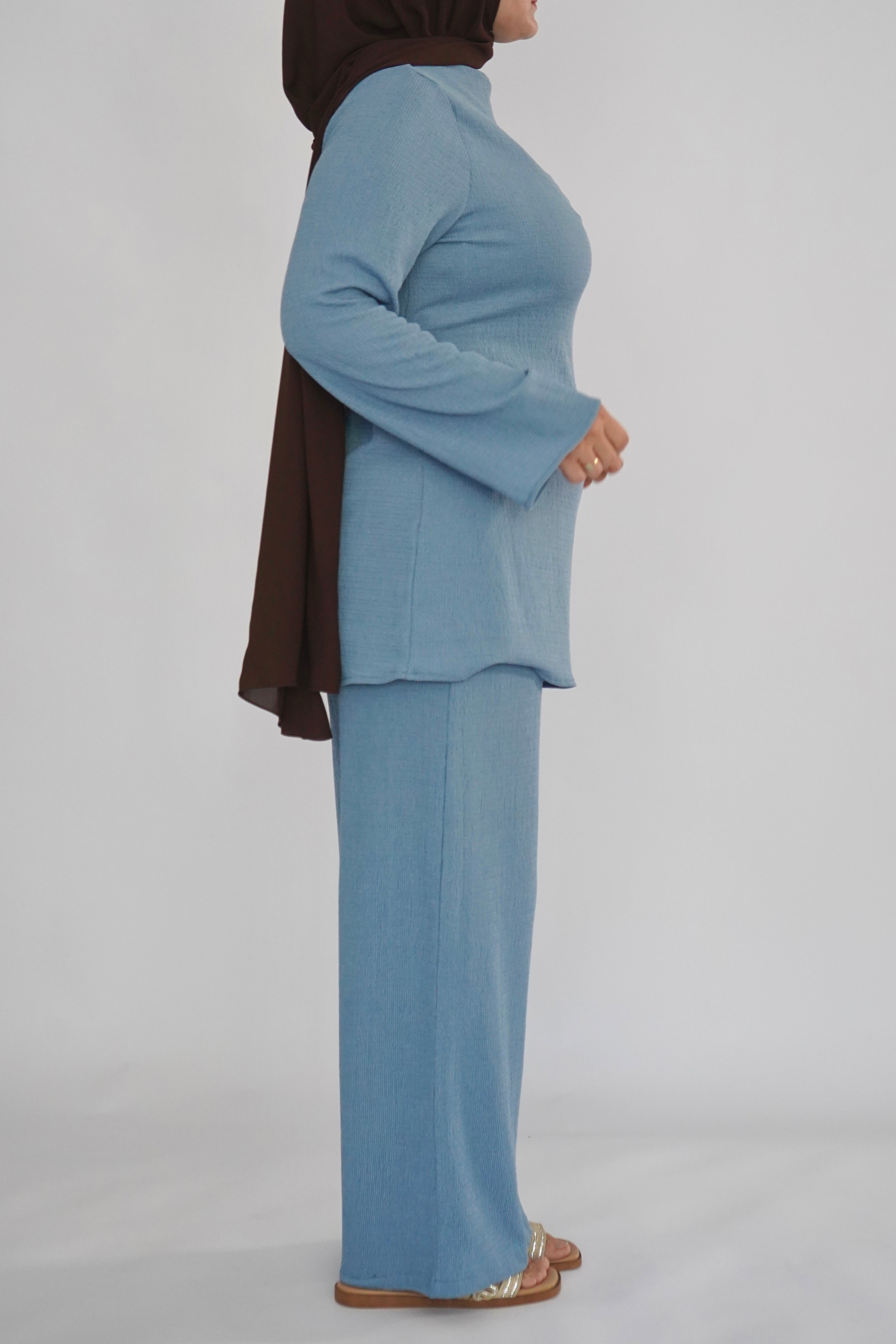 Textured Tunic & Pants Set - Dusty Blue