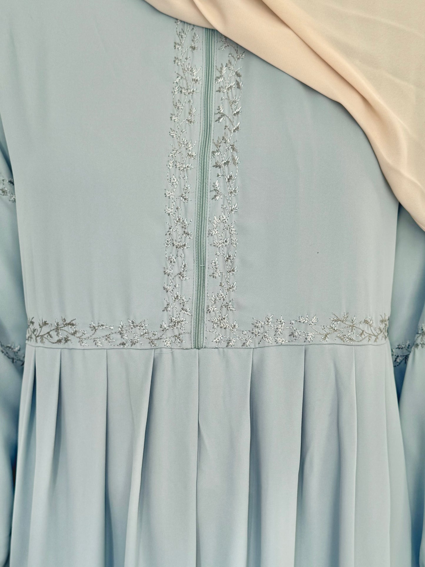 Three Tier Pleated Embroidered Dress - Mint Green