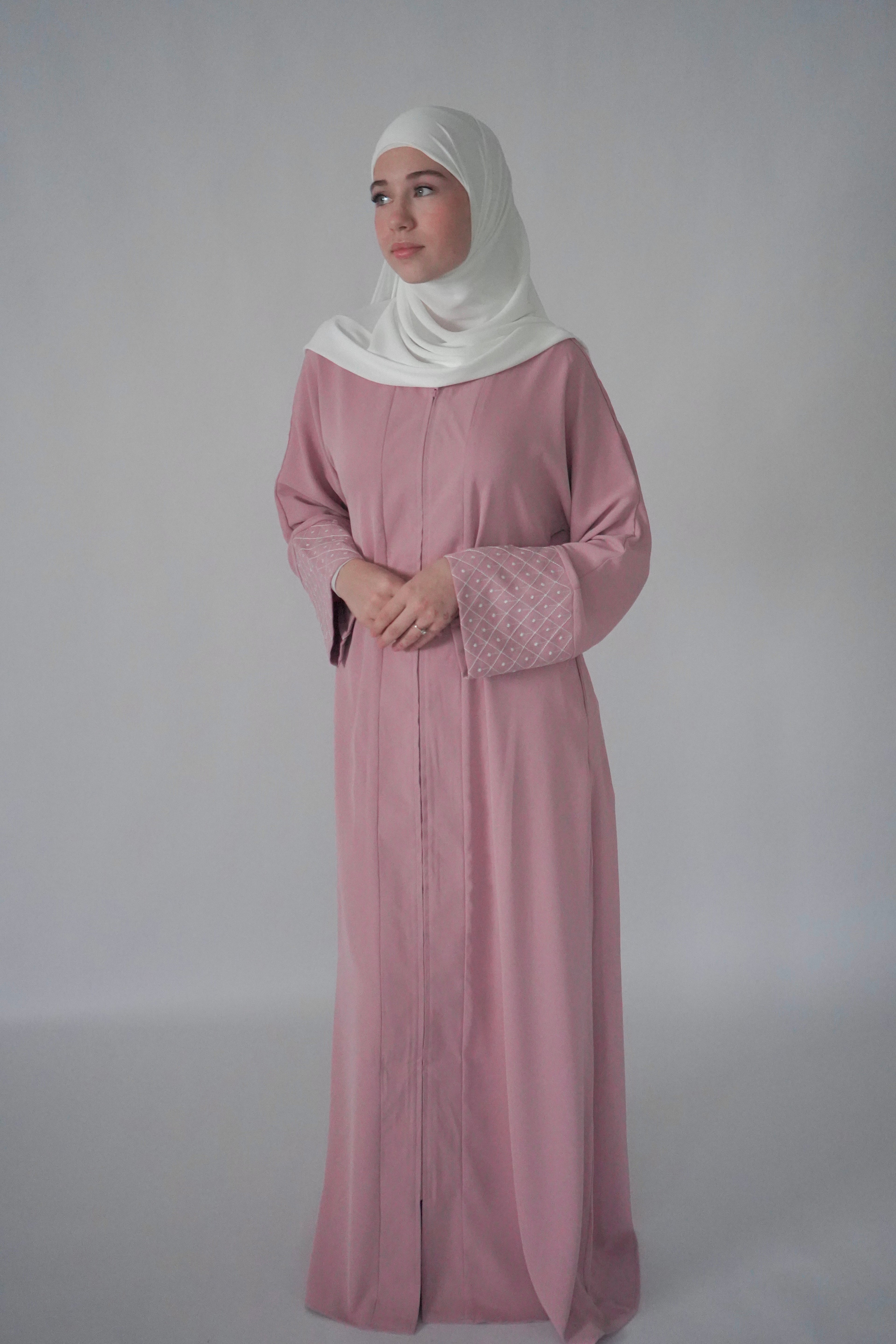 Zip Up Embroidery Abaya - Pink