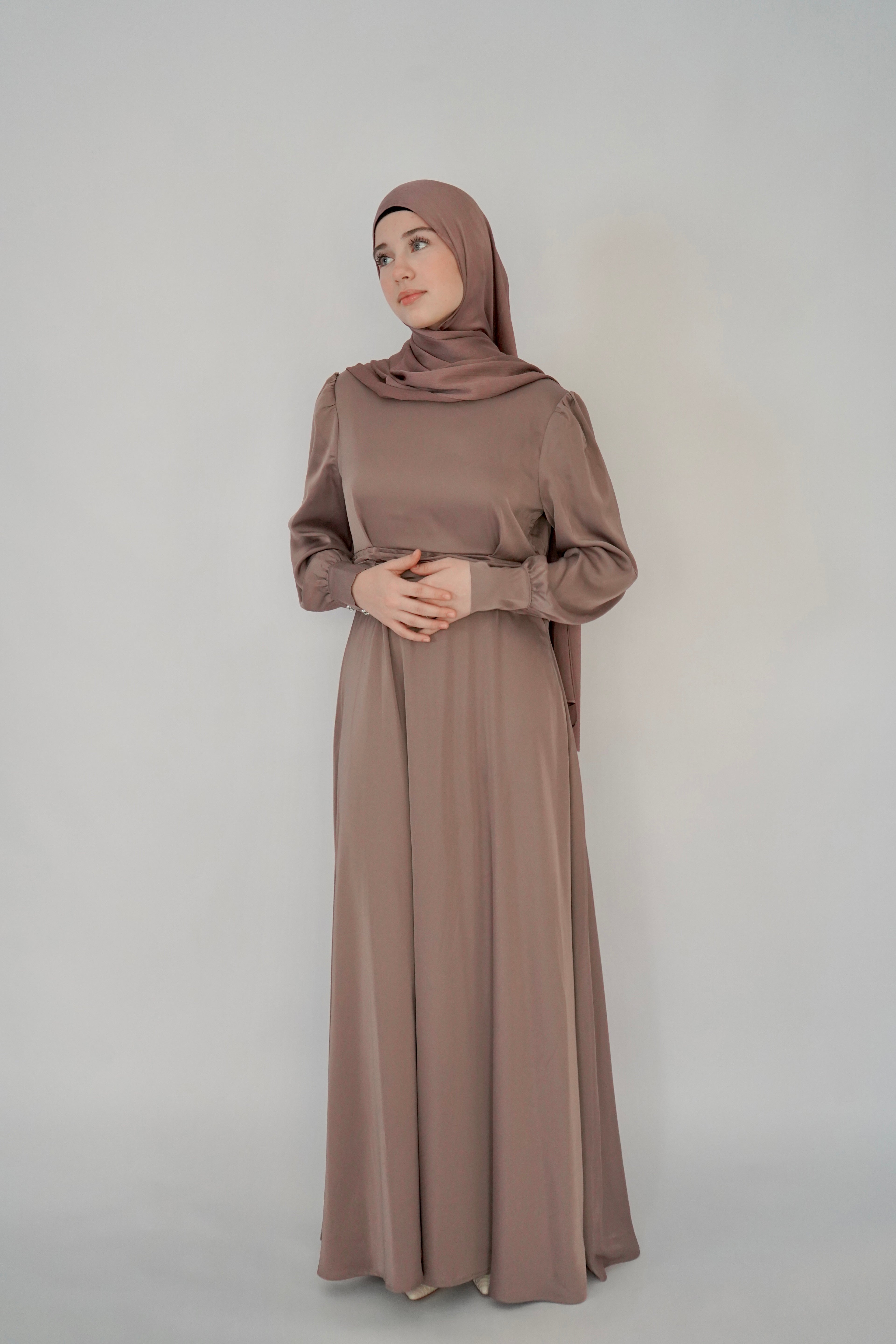 satin mauve dress Reiss Kenzie Asymmetric Draped Midi glam ruching is ready for her day in the sun Azazie Novi