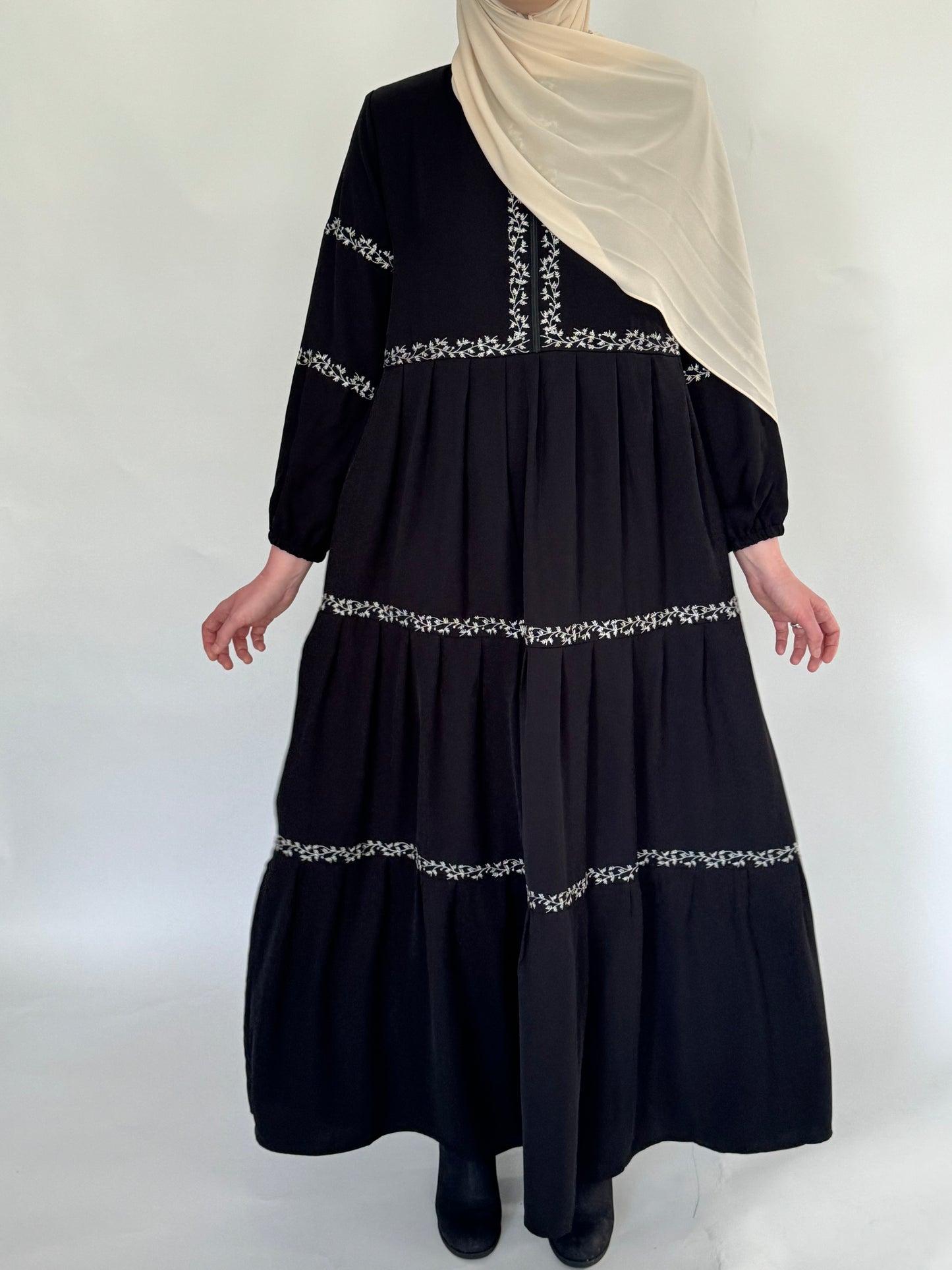 Three Tier Pleated Embroidered Dress - Black