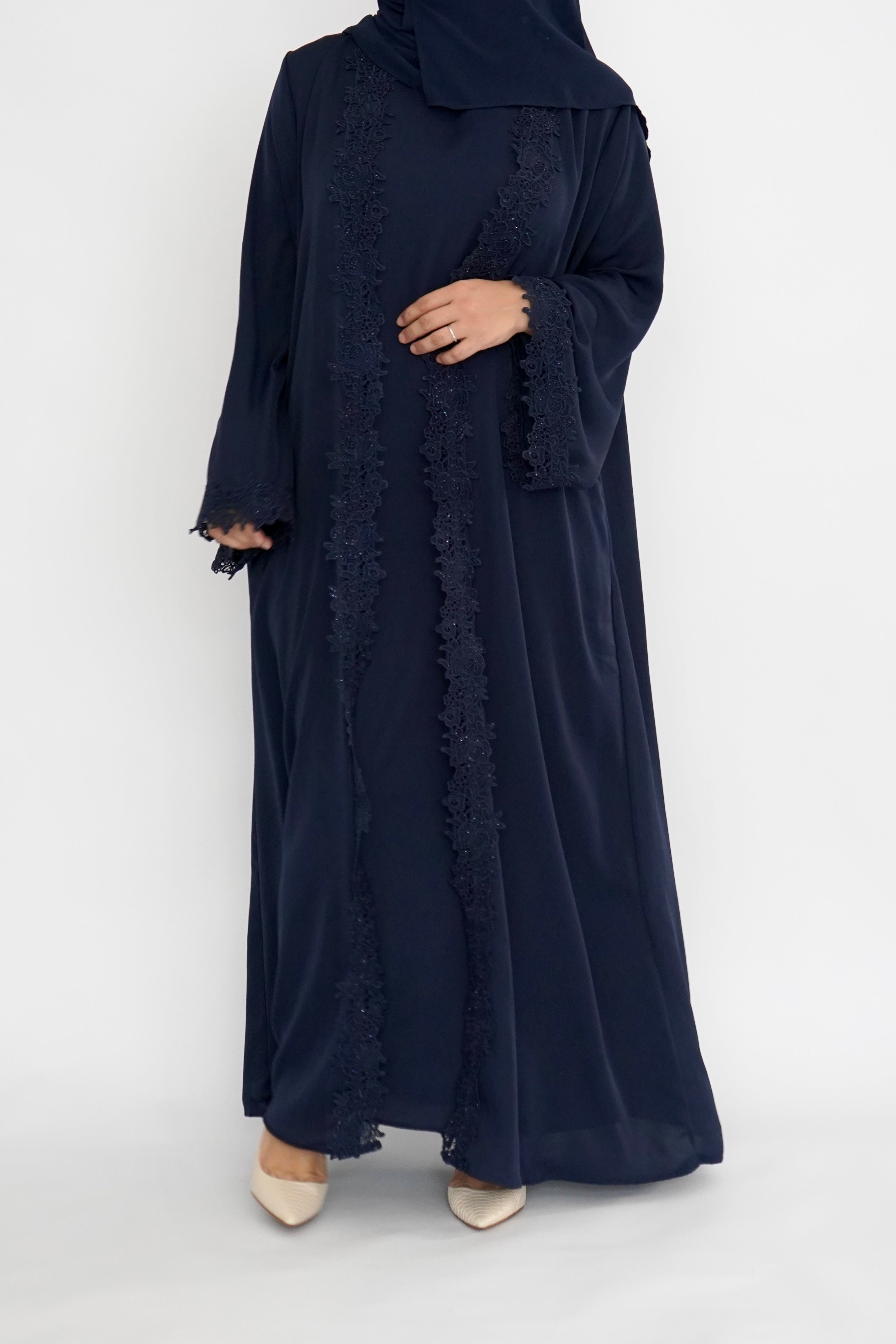 LUX 3 Piece Open Front Lace Abaya - Navy