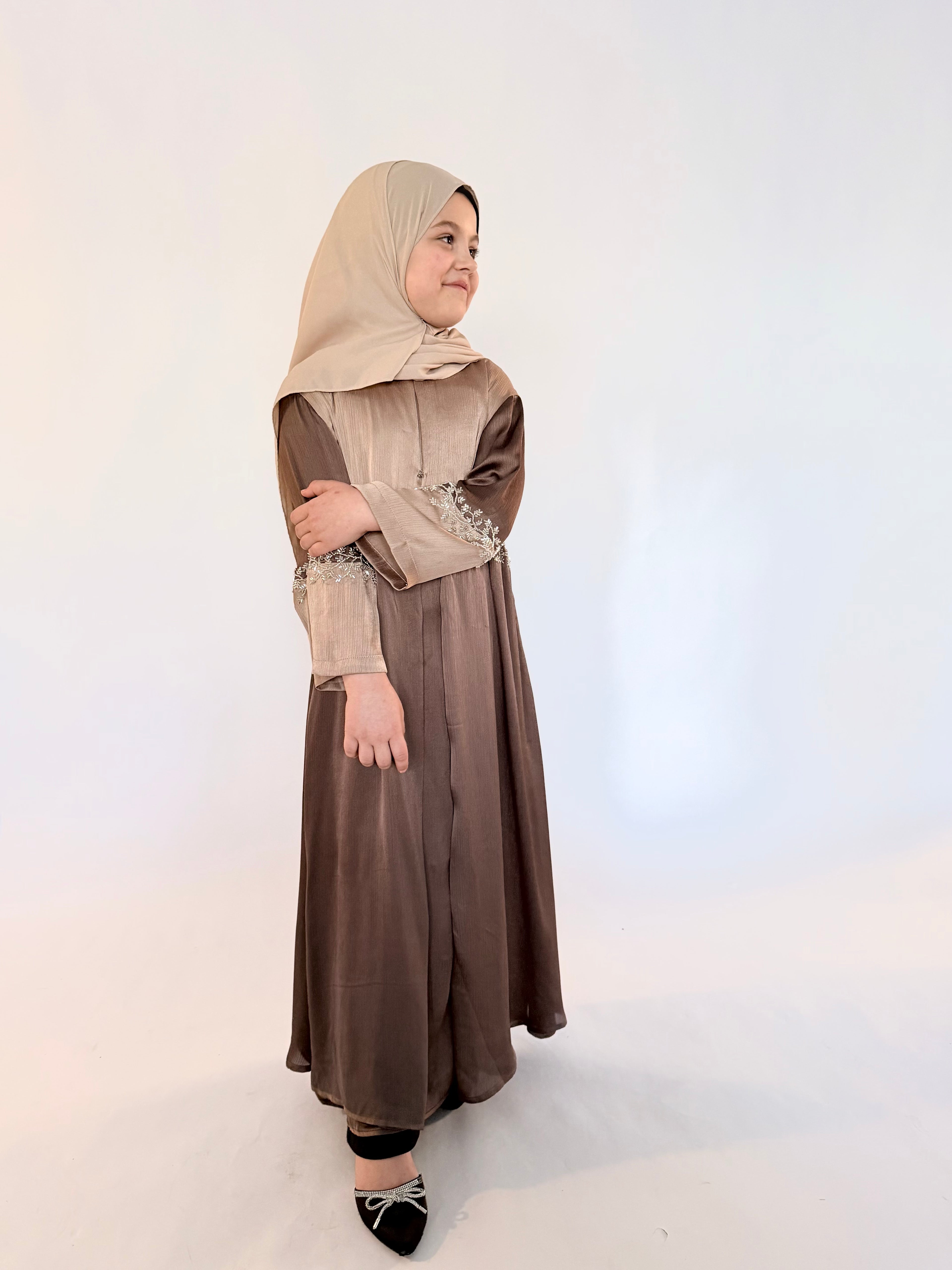 Kids Two Piece Beaded Abaya - Brown