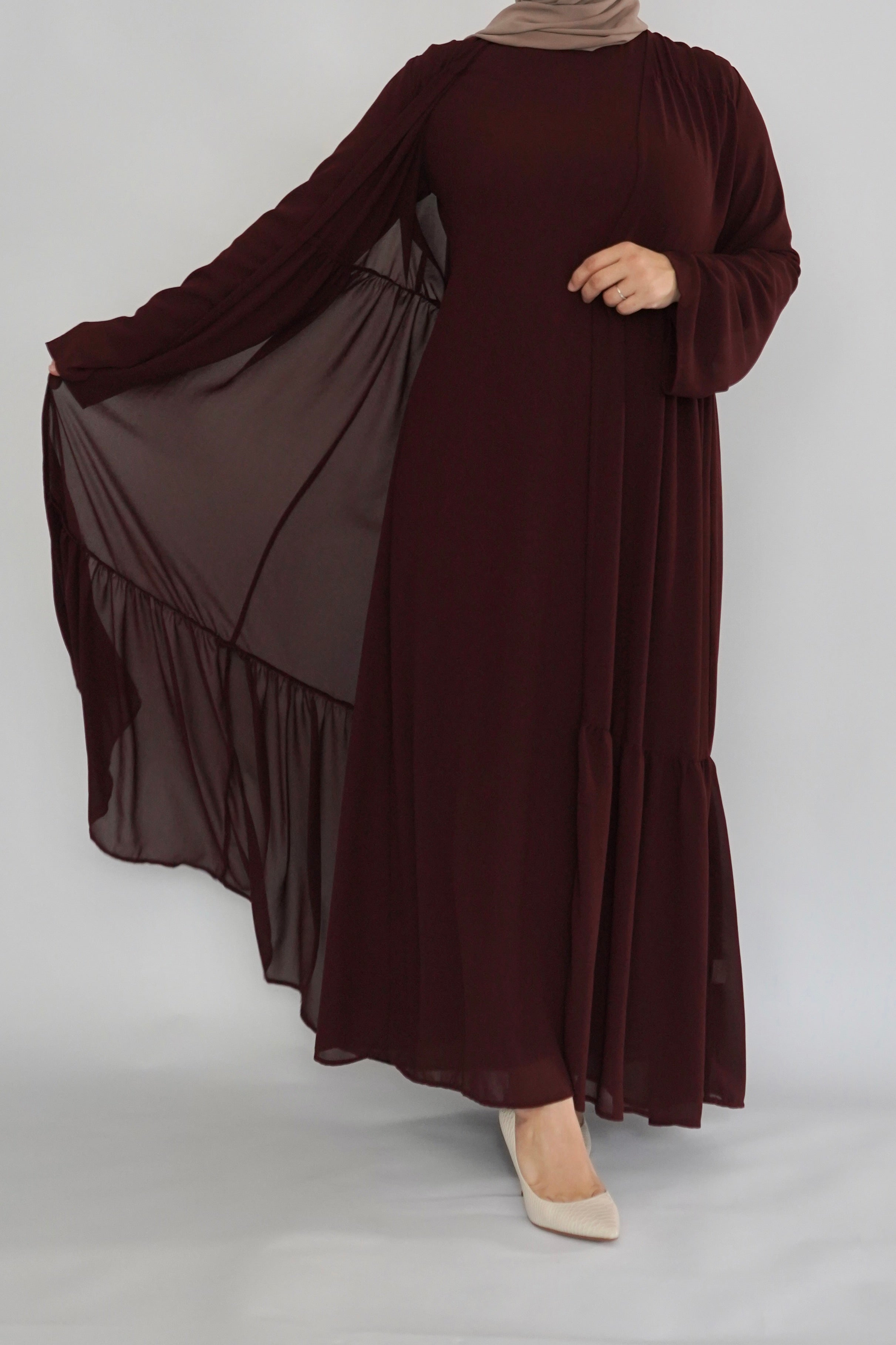 Two Piece Tiered Chiffon Abaya - Deep Maroon