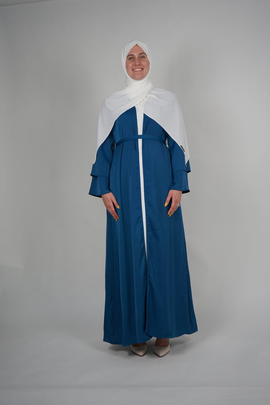 Two Piece Open Front Satin Abaya - Teal Blue