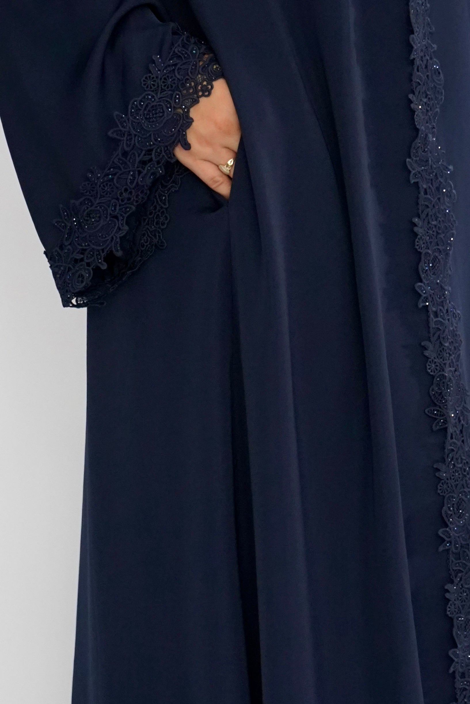 LUX 3 Piece Open Front Lace Abaya - Navy