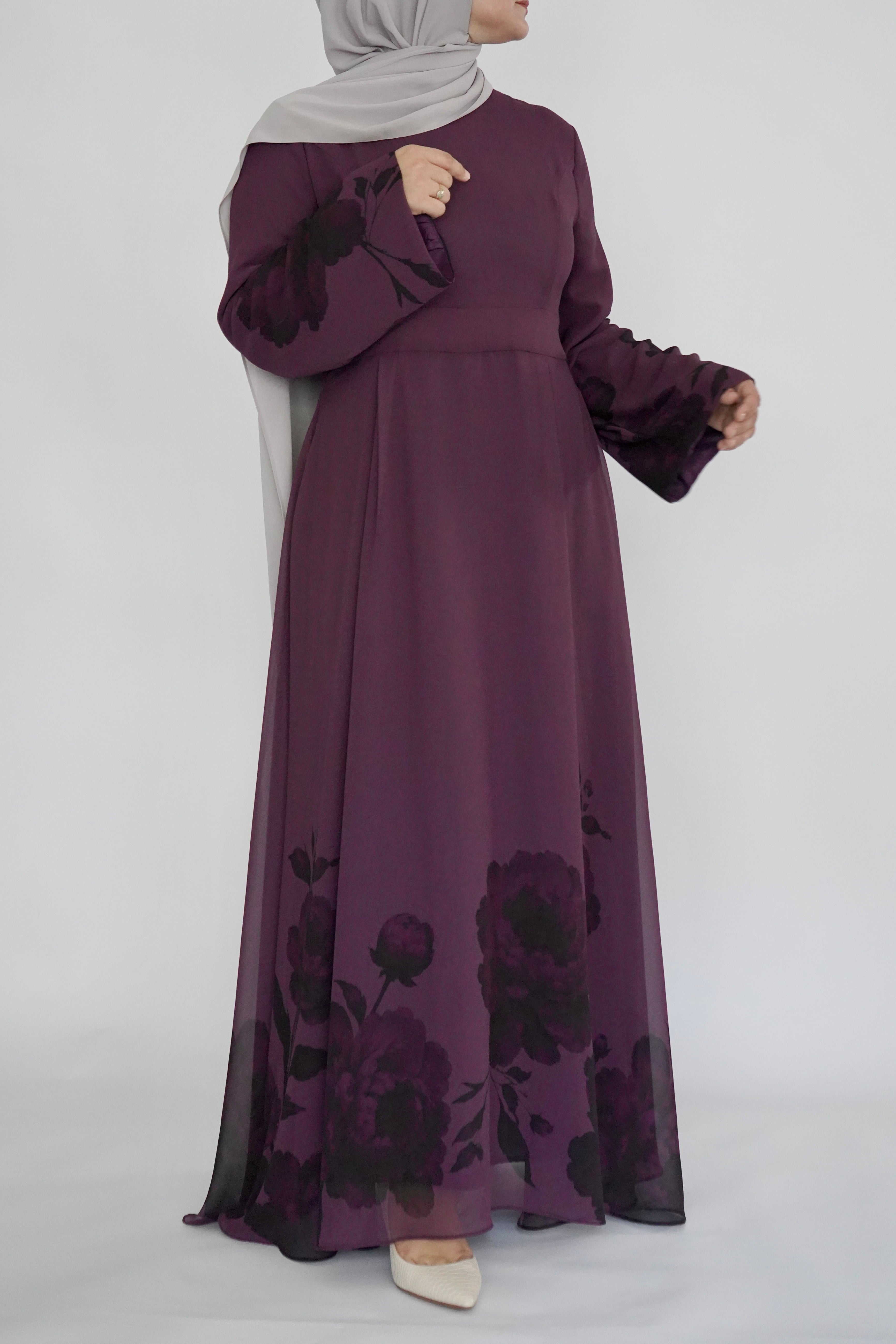 Plum Floral Print Dress - Chiffon