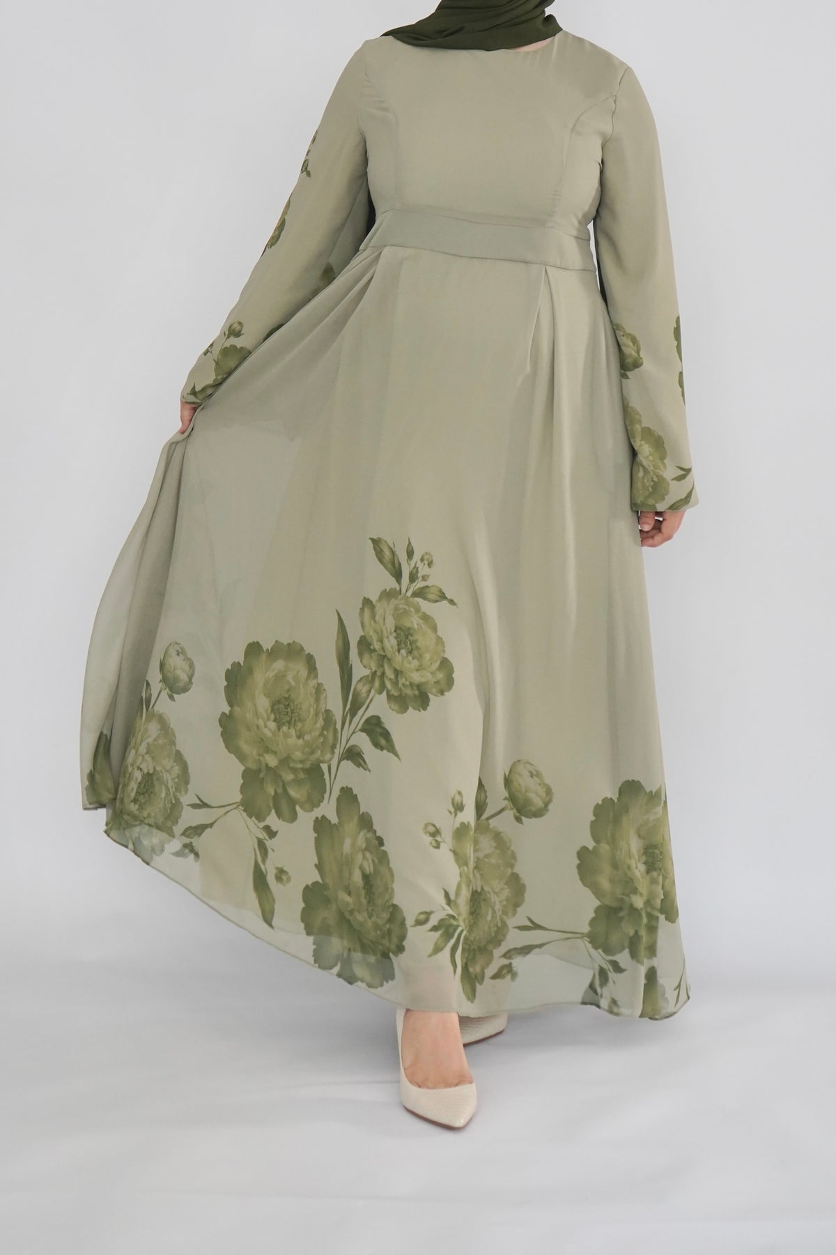 Olive Floral Print Dress - Chiffon