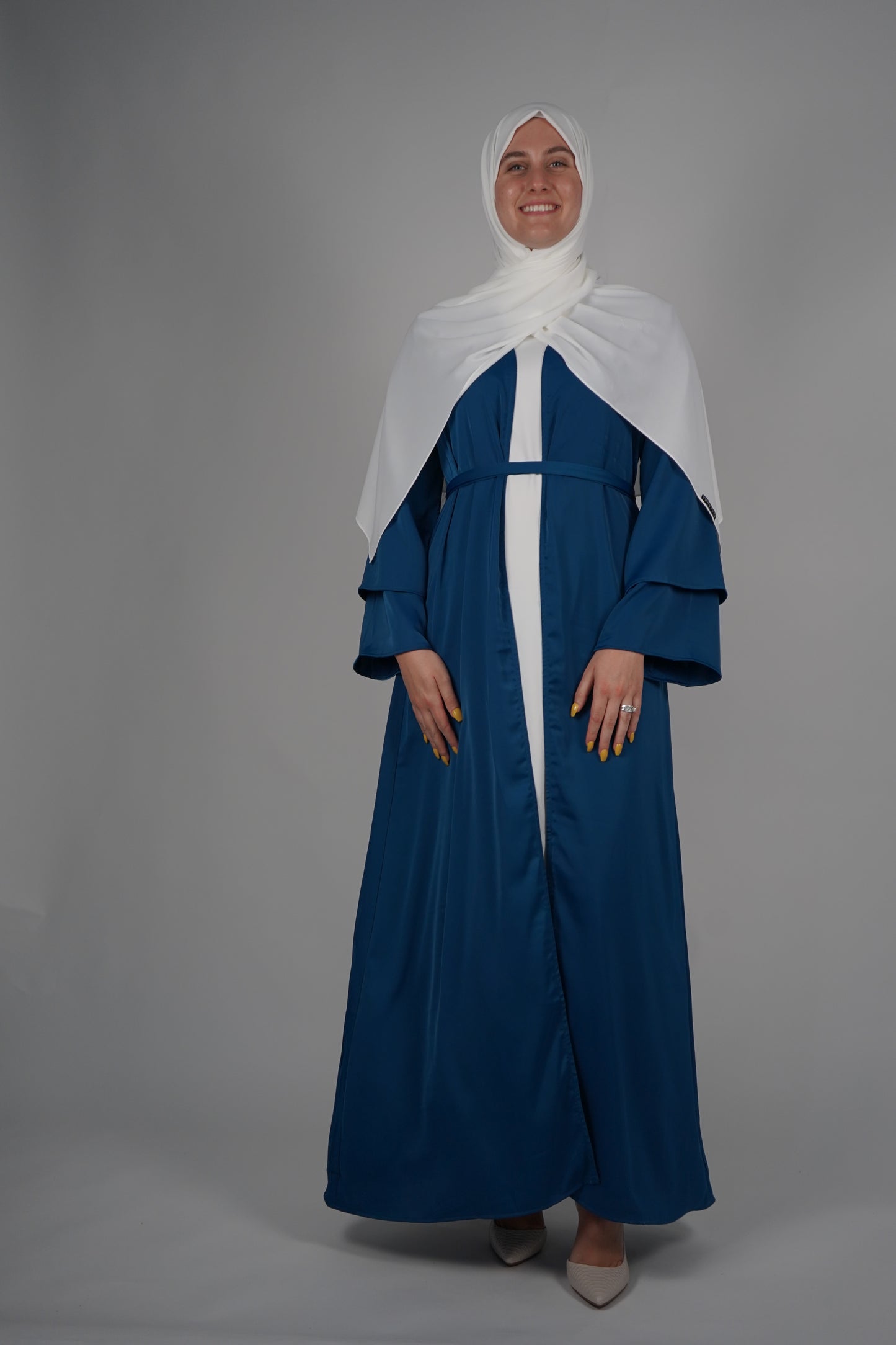 Two Piece Open Front Satin Abaya - Teal Blue