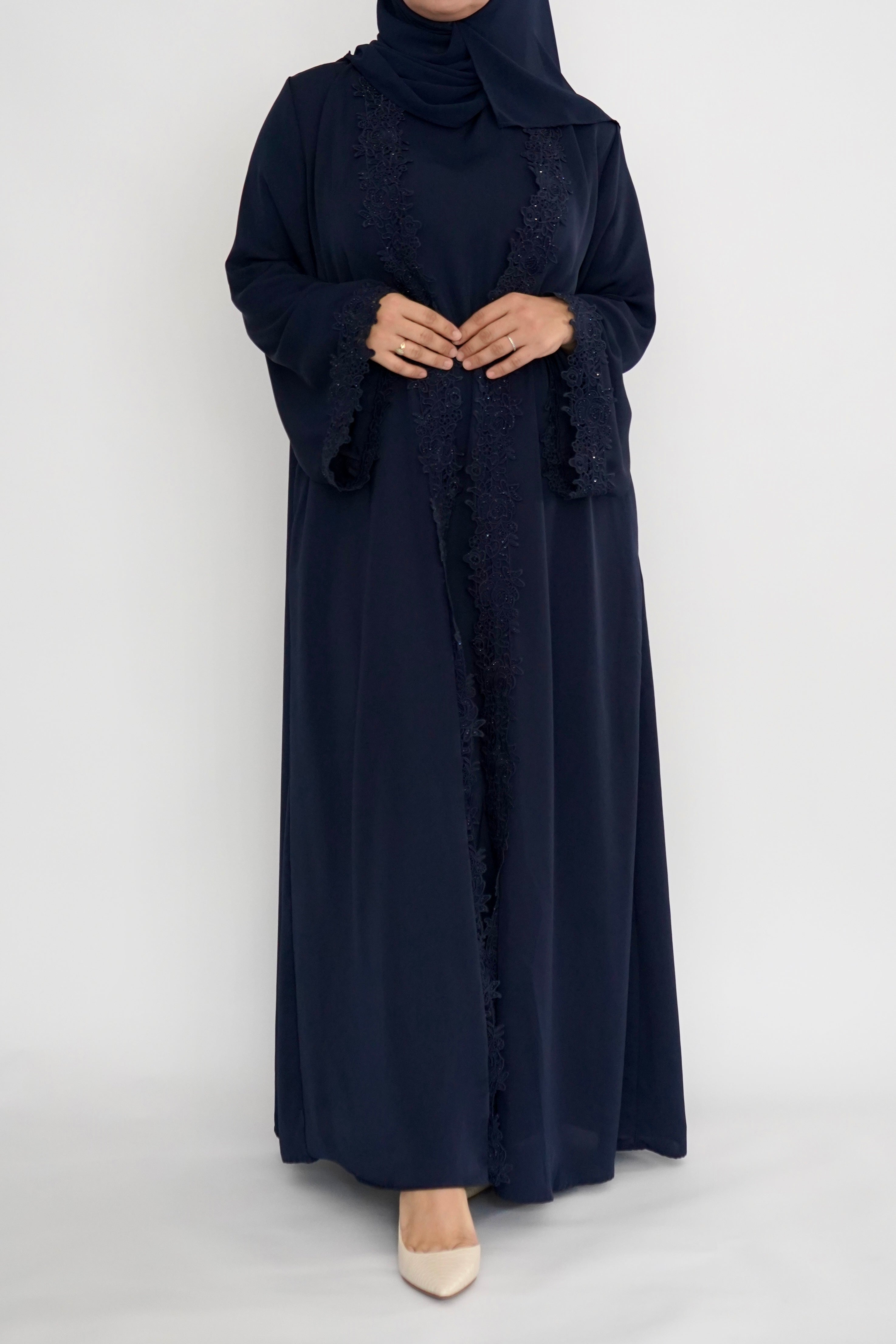 LUX 3 Piece Open Front Lace Abaya - Navy