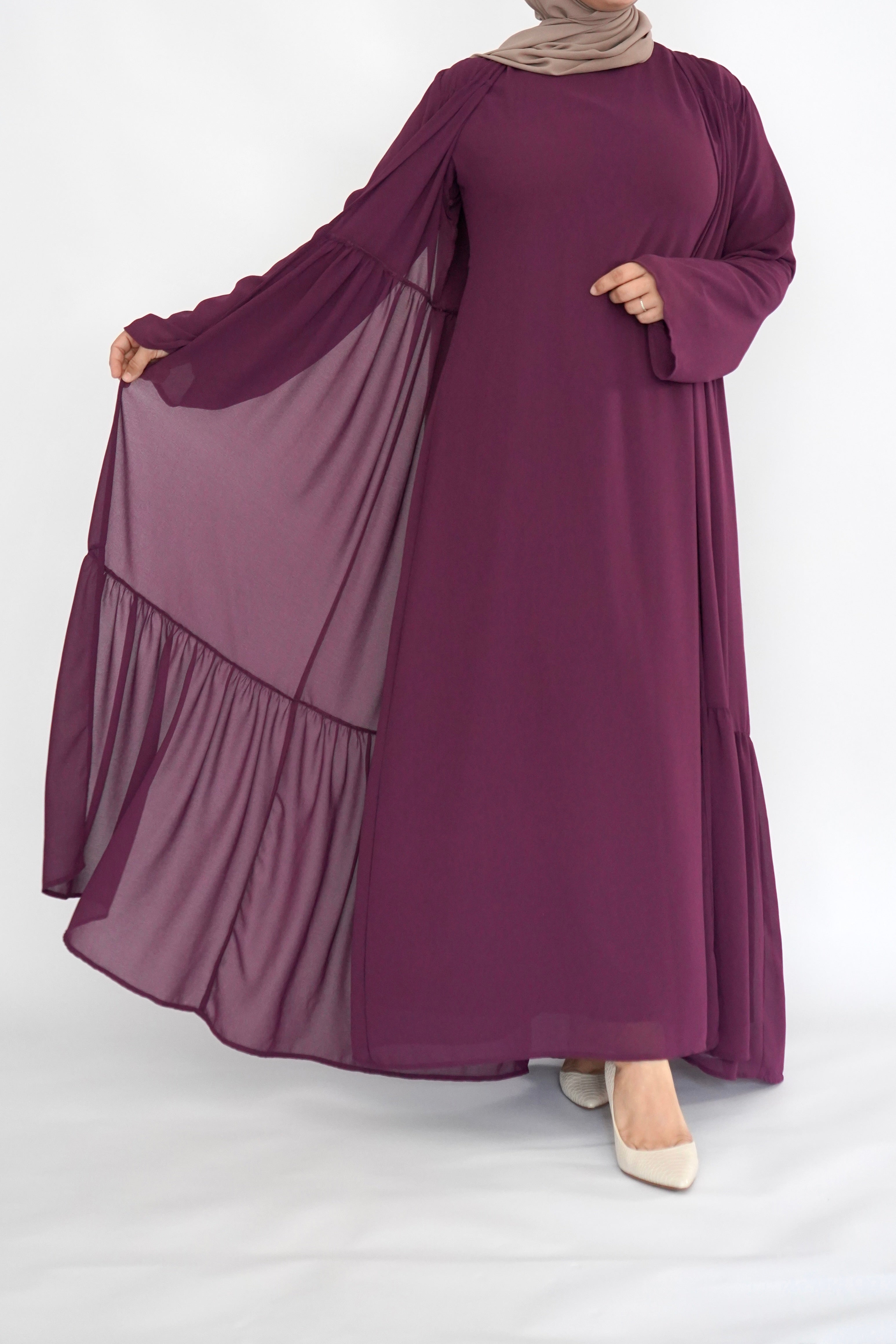 Two Piece Tiered Chiffon Abaya - Plum