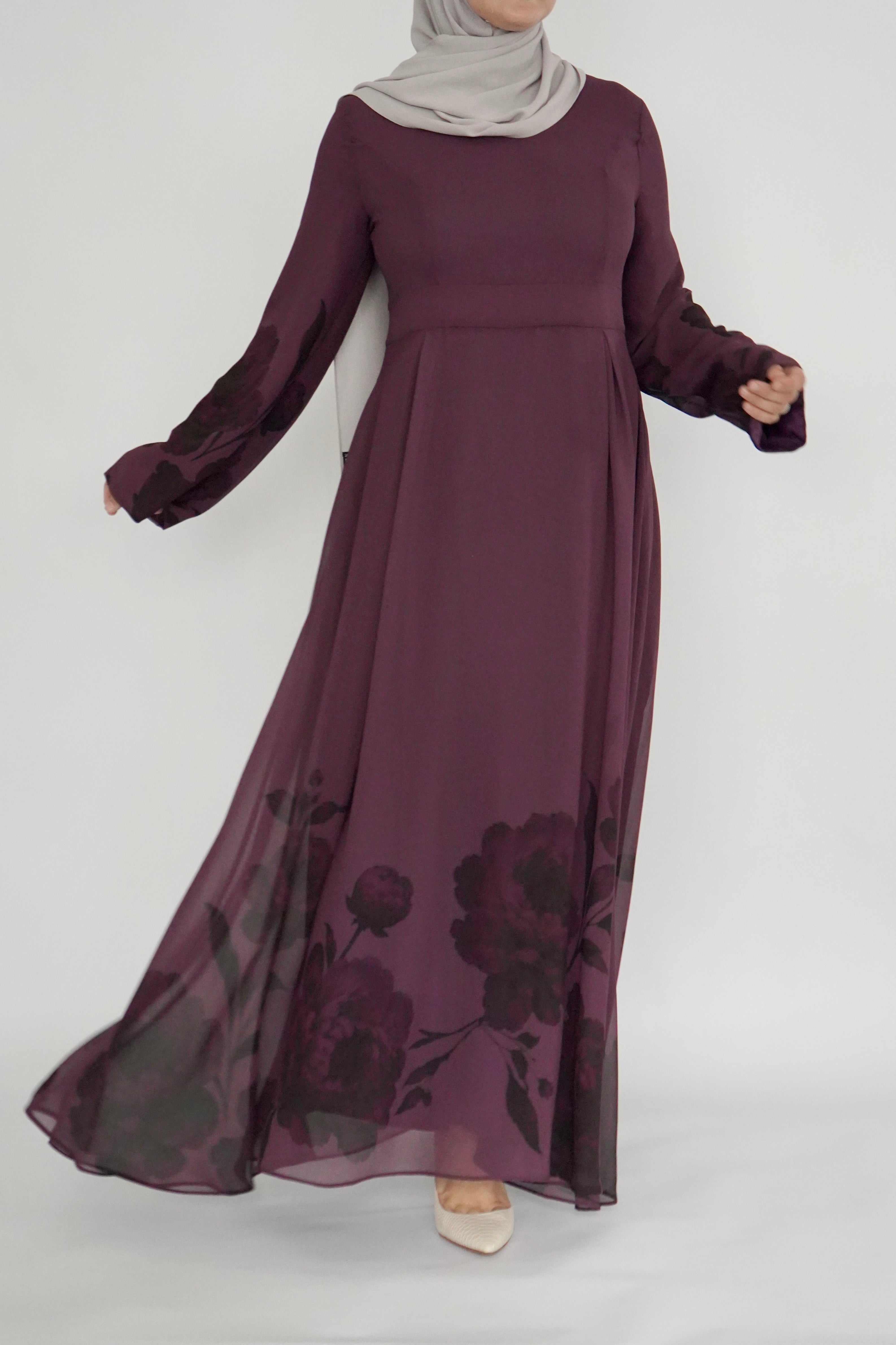Plum Floral Print Dress - Chiffon