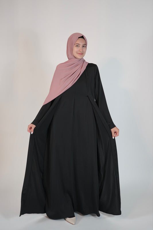 Satin Front Fold Abaya - Black