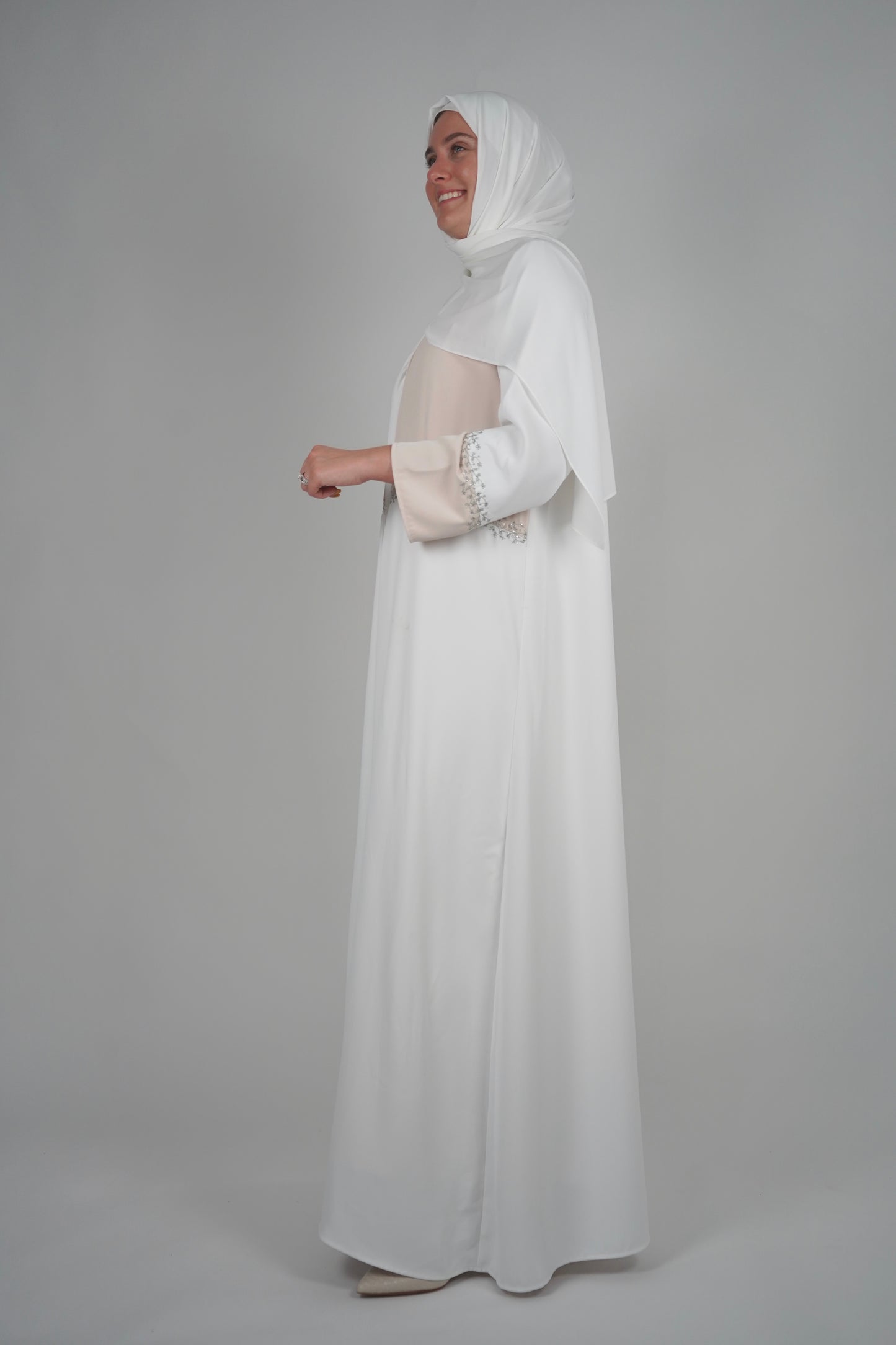 LUX Two Piece Open Front Embroidered Abaya - White and Beige