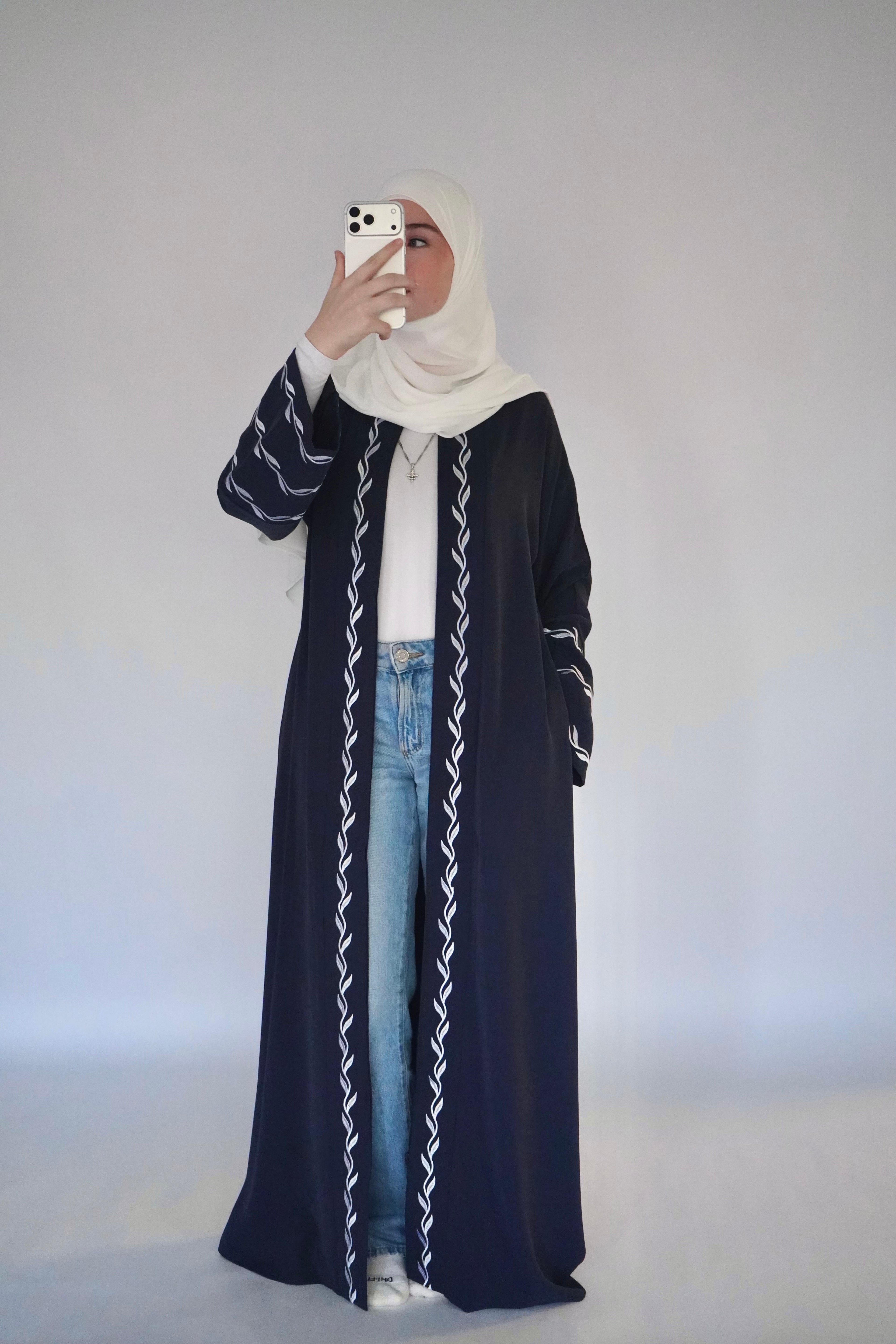 Zip Up Embroidery Abaya - Navy