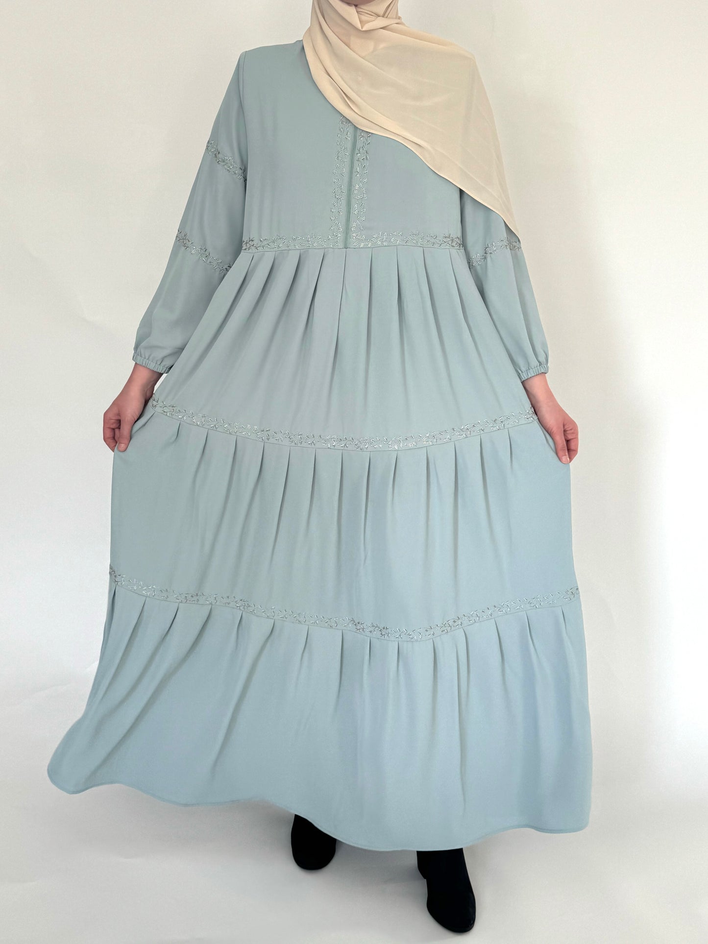 Three Tier Pleated Embroidered Dress - Mint Green