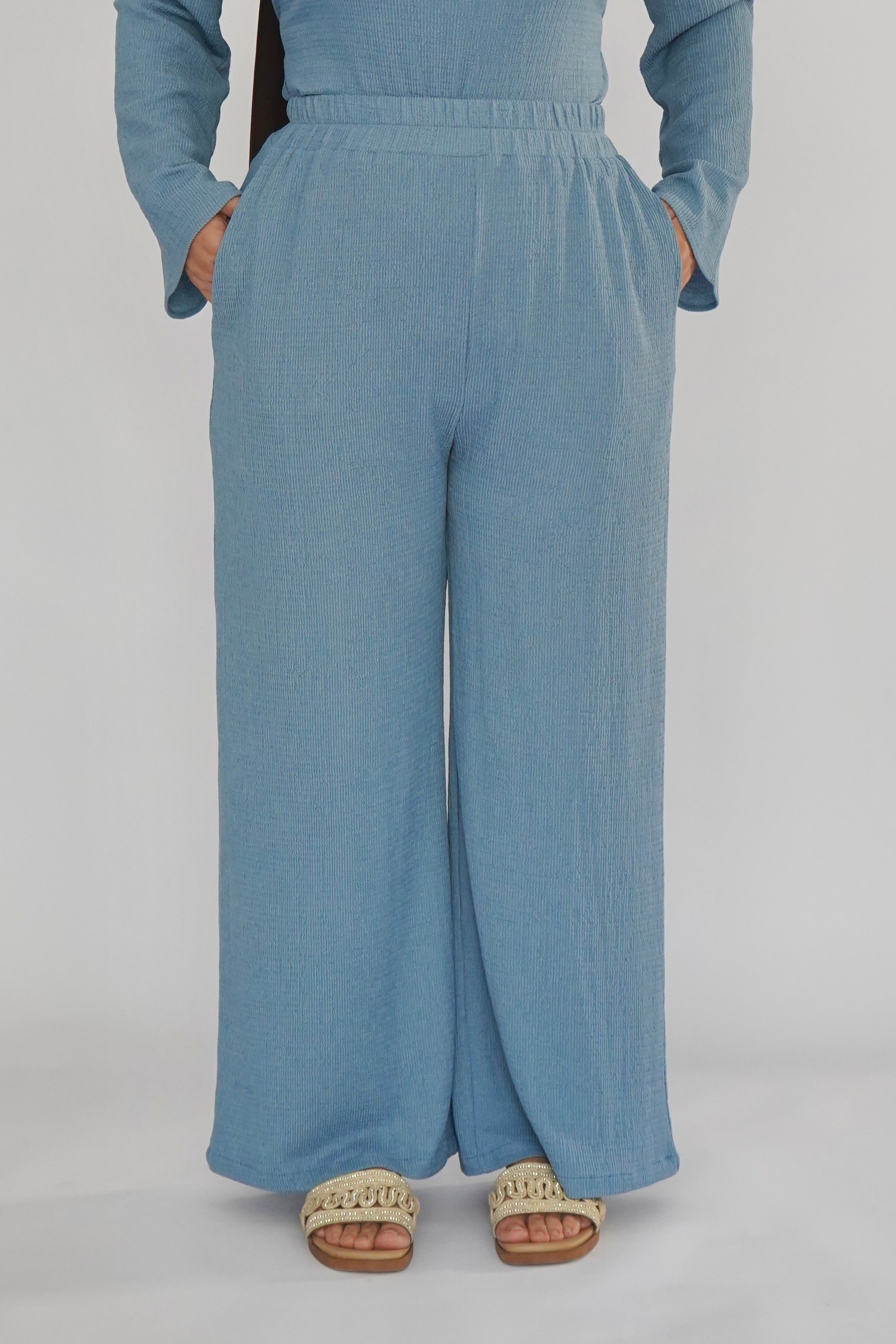 Textured Tunic & Pants Set - Dusty Blue