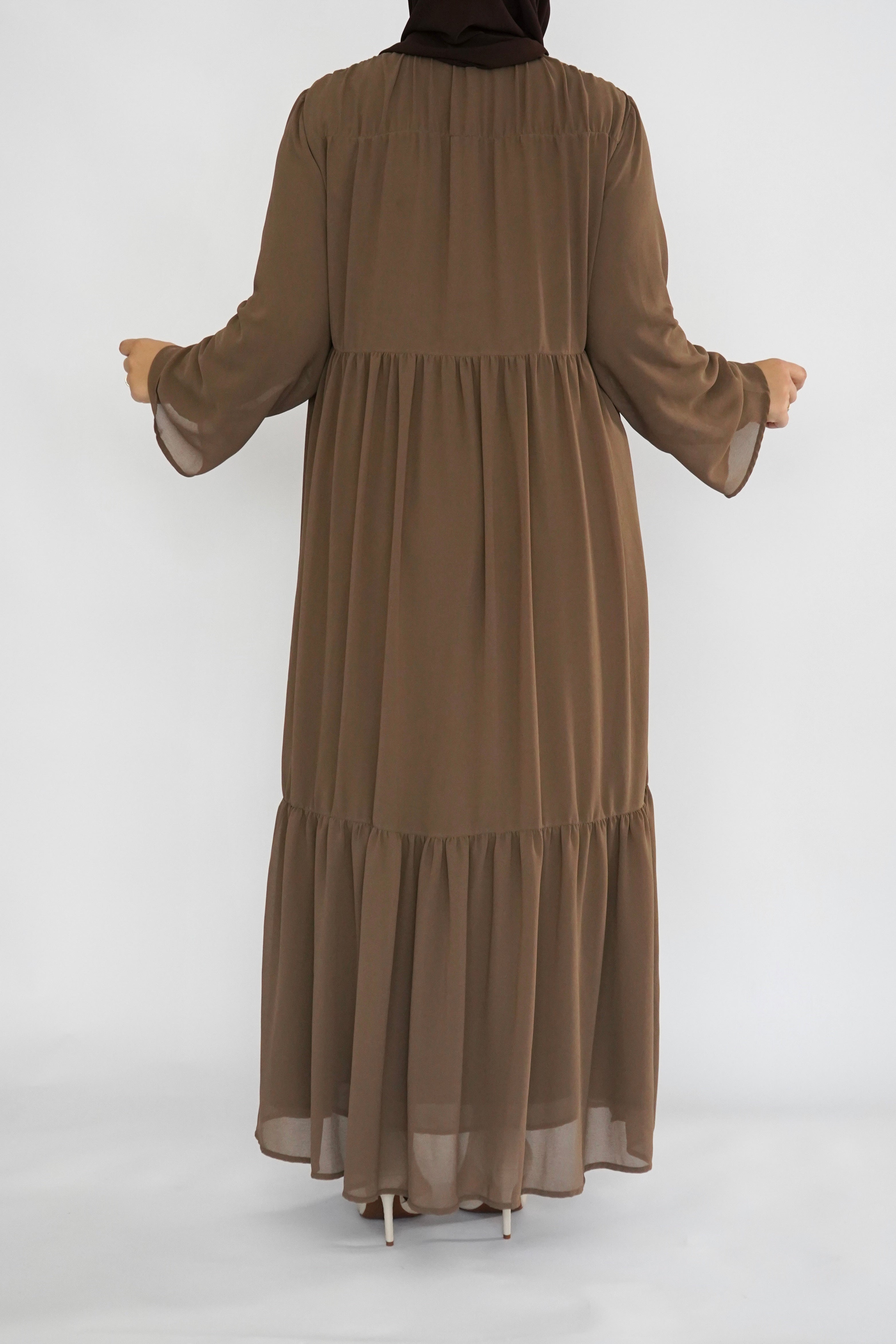 Two Piece Tiered Chiffon Abaya - Toffee