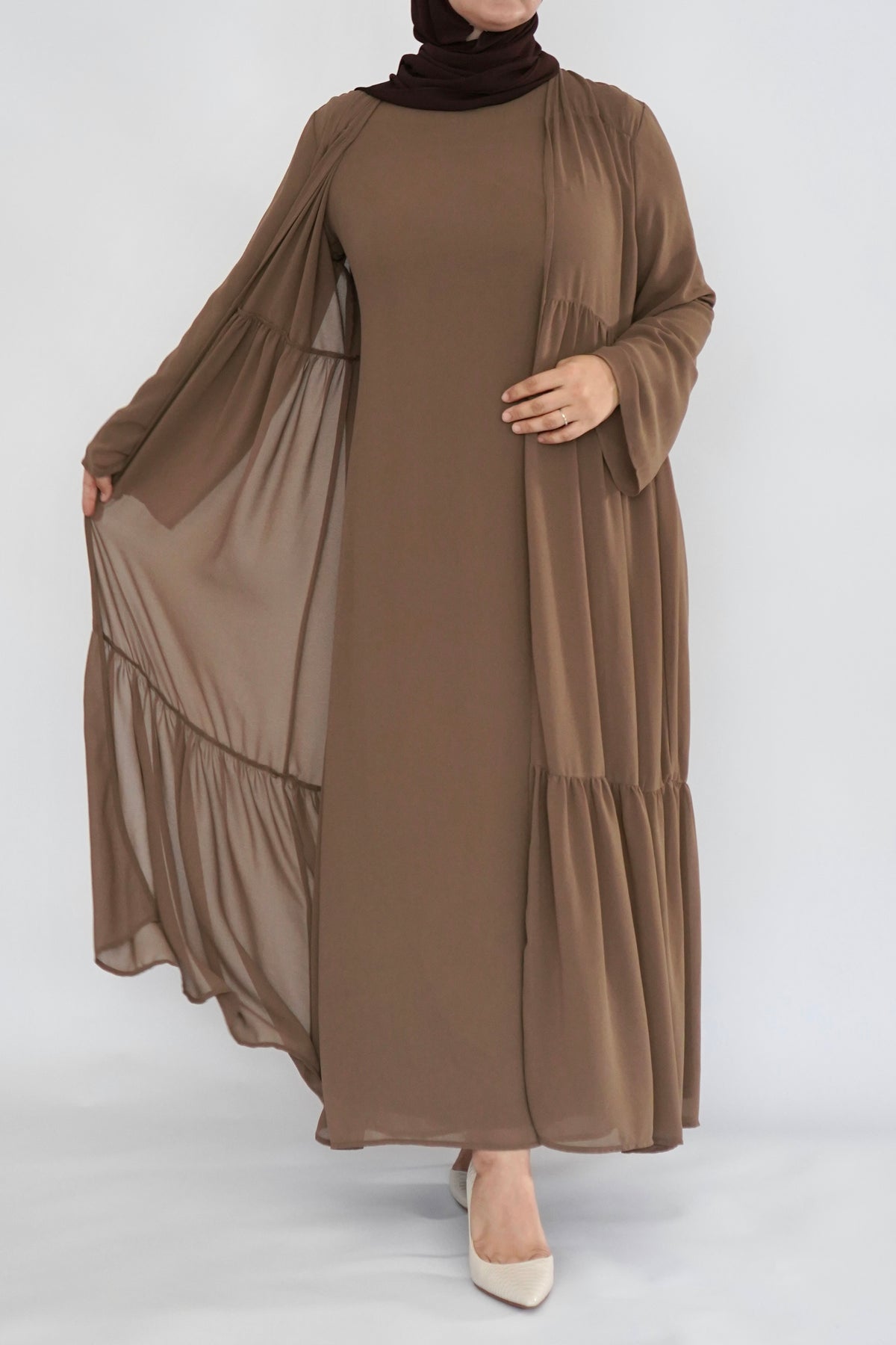 Two Piece Tiered Chiffon Abaya - Toffee