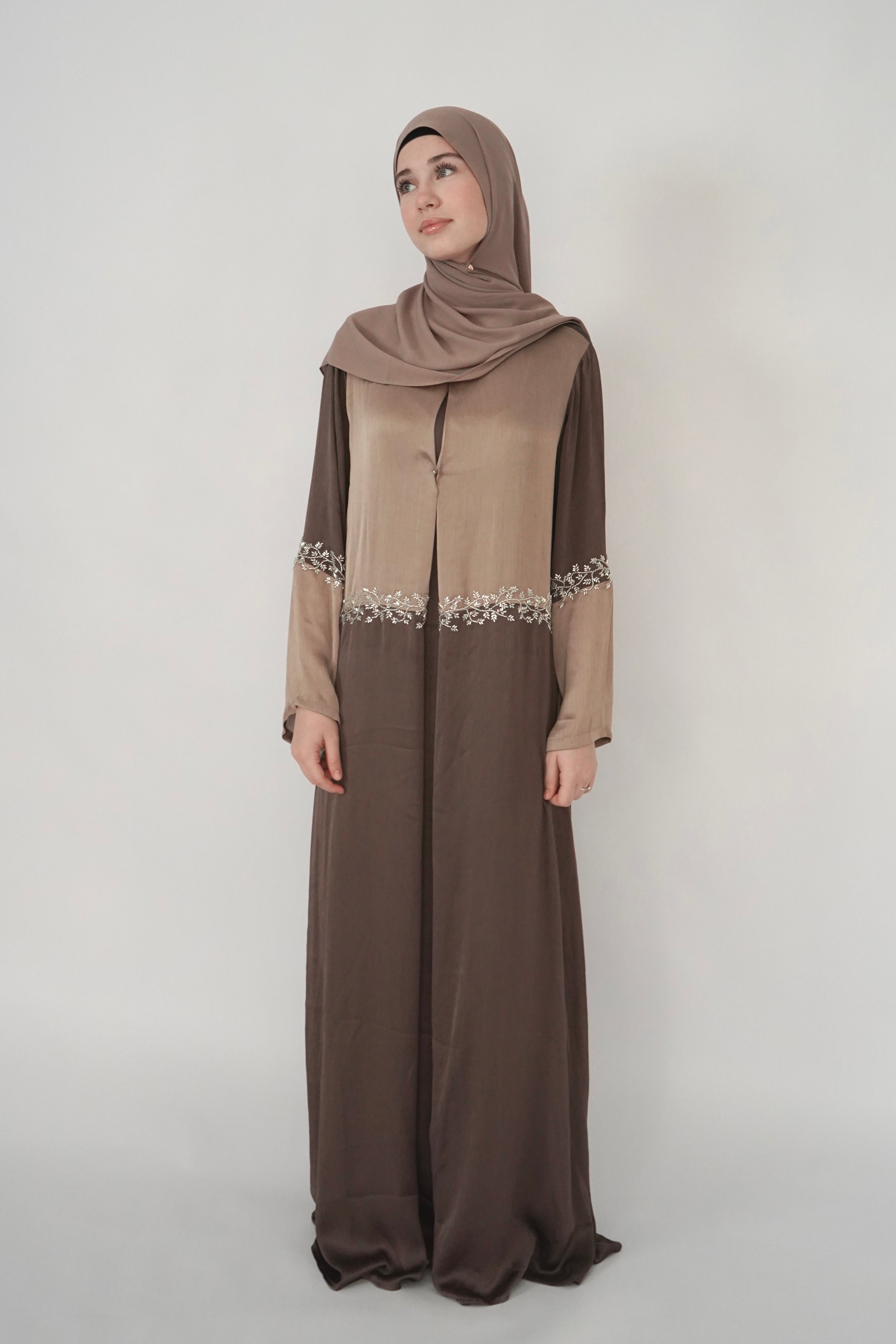 Two Piece Beaded Abaya - Brown