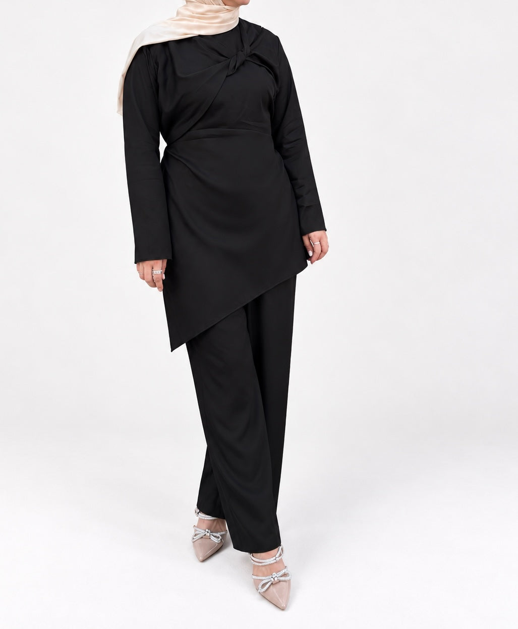 Satin Asymmetrical Tunic Set  - Black