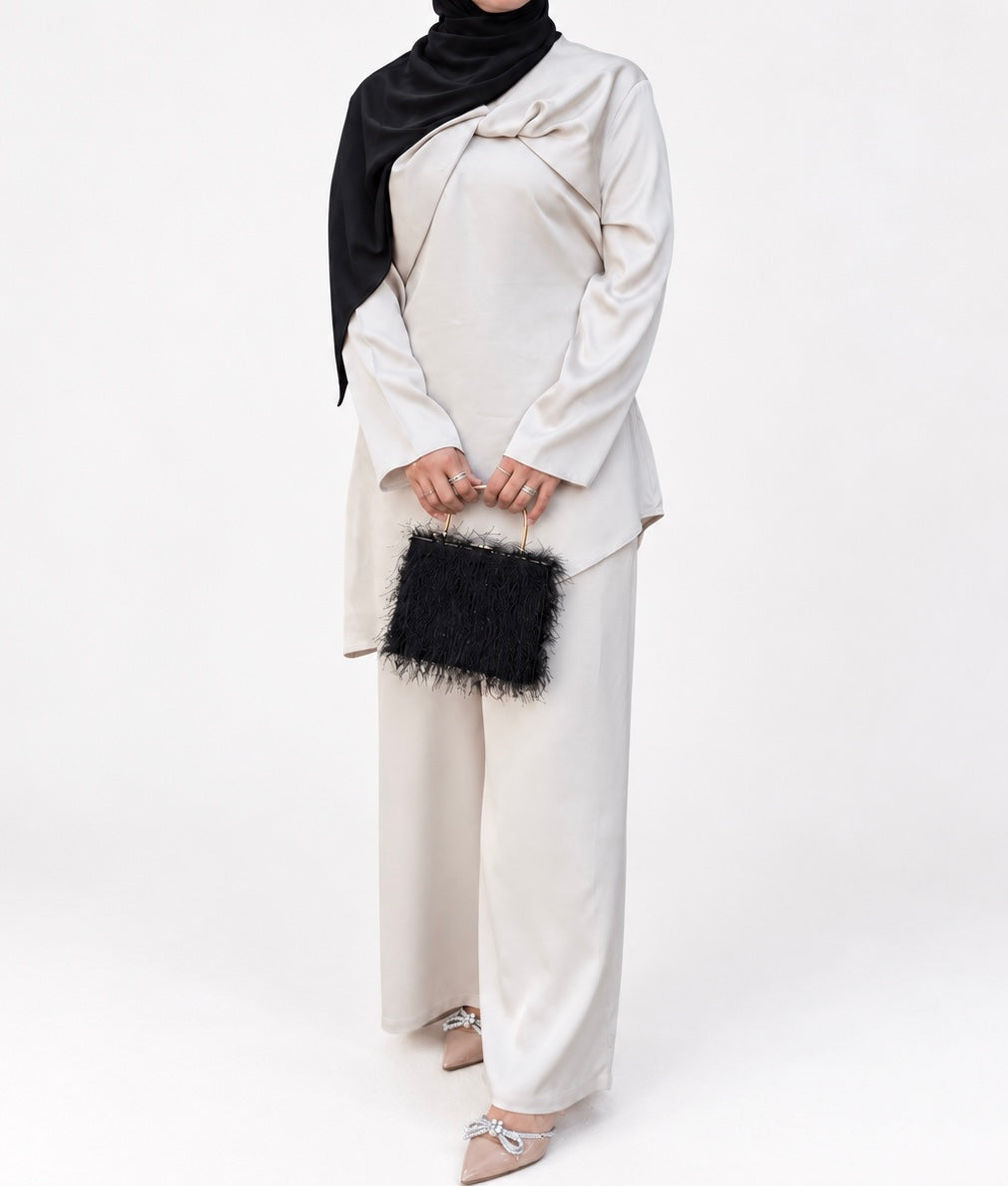Satin Asymmetrical Tunic Set  - Stone