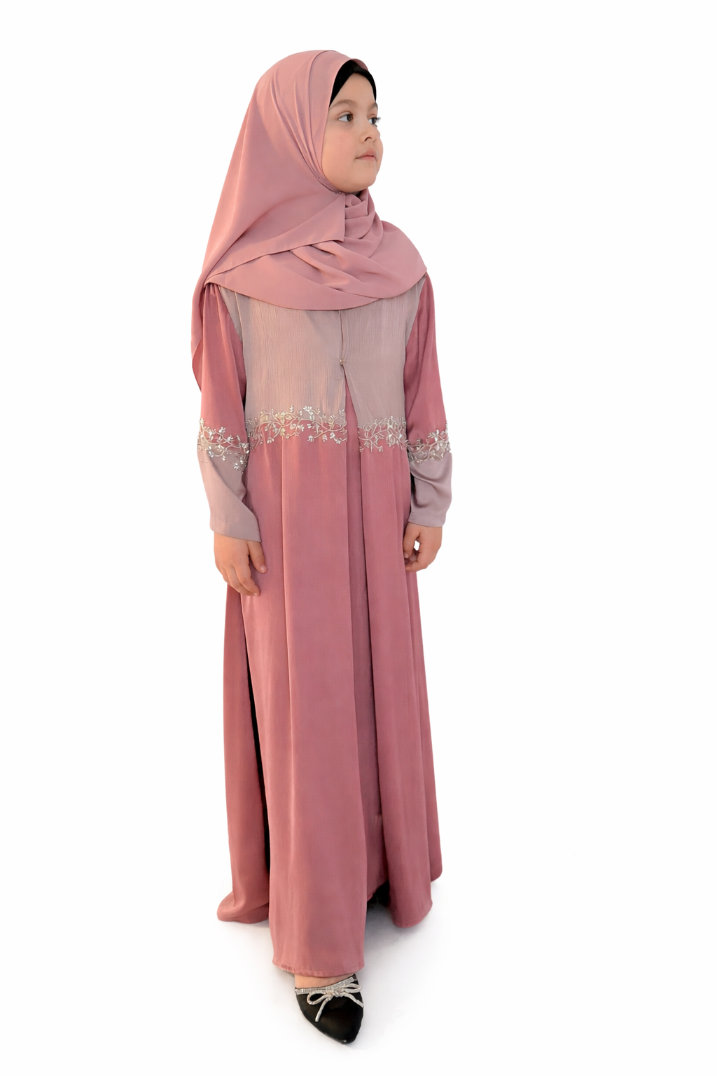 Kids Two Piece Beaded Abaya - Pink