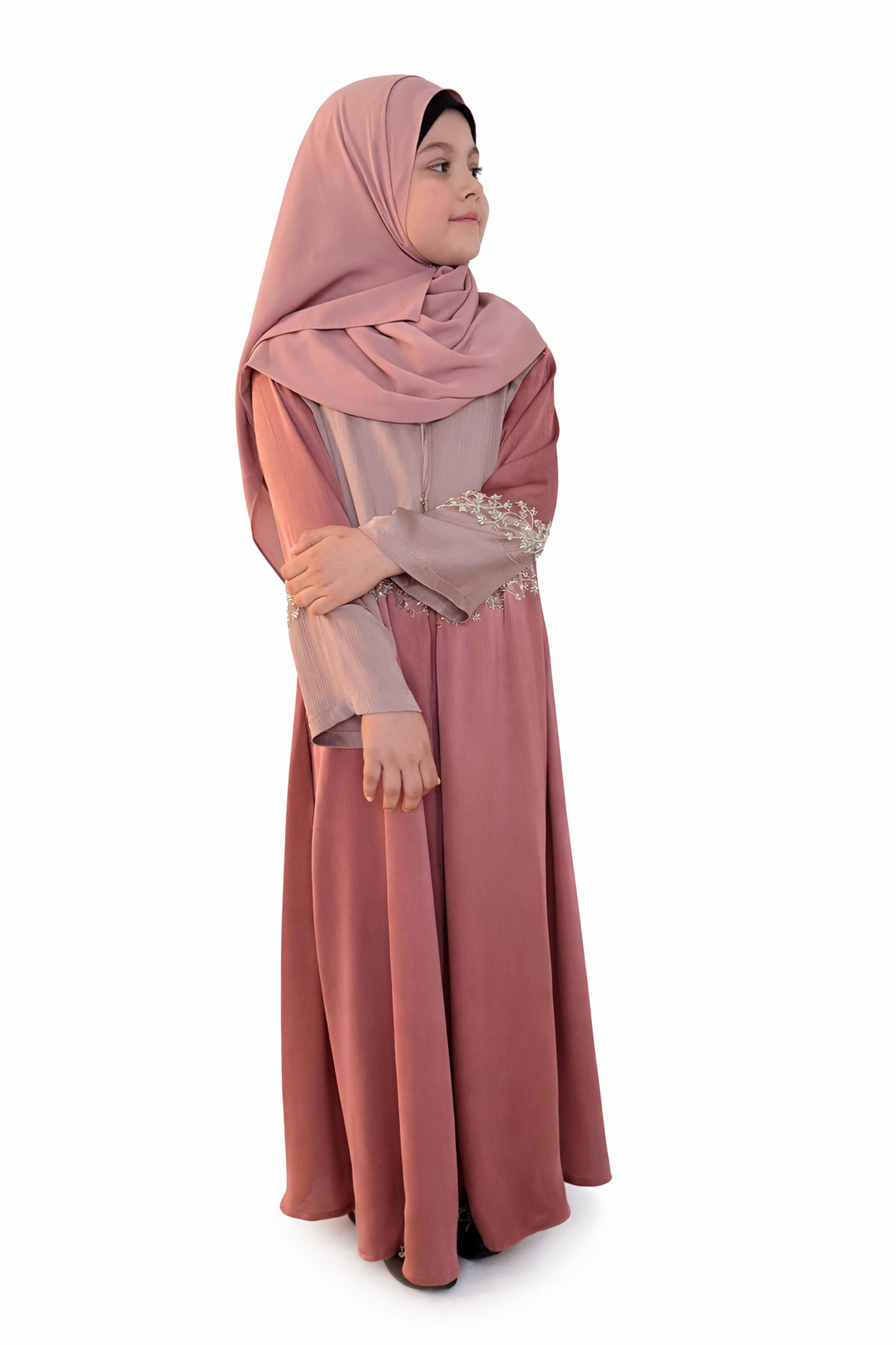 Kids Two Piece Beaded Abaya - Pink