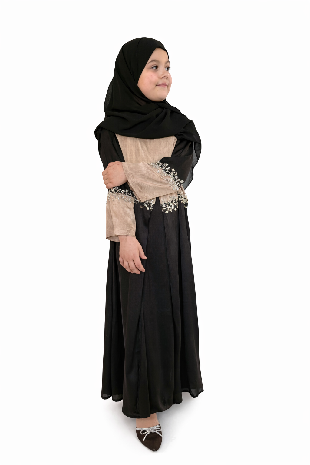 Kids Two Piece Beaded Abaya - Black