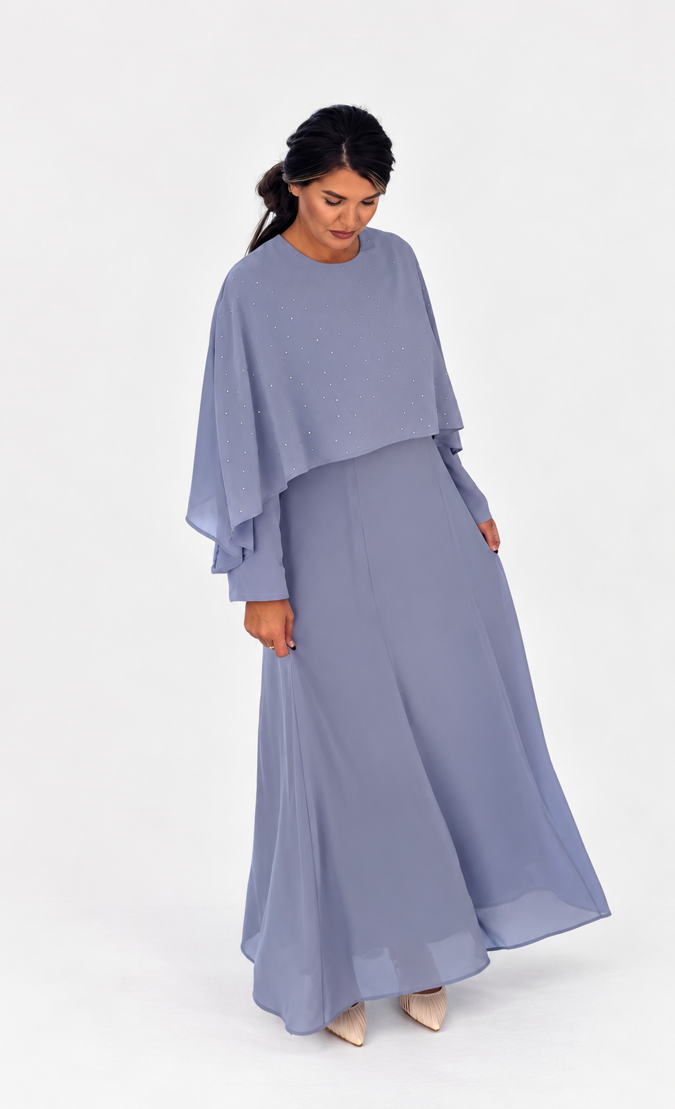 Rhinestone Cape Chiffon Dress - Light Blue