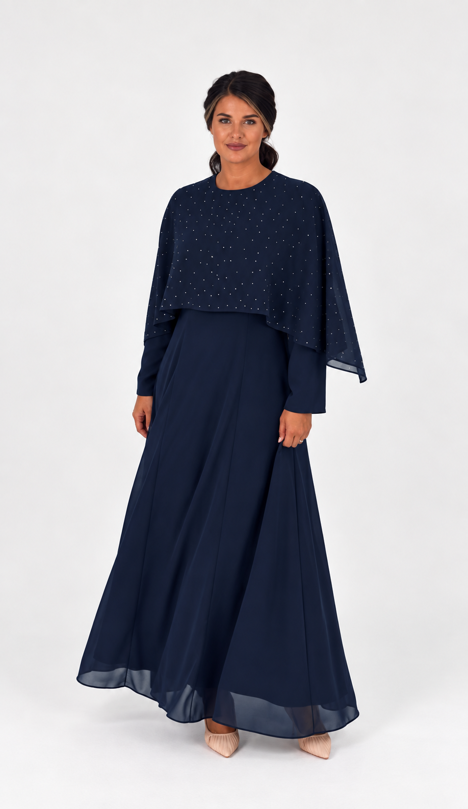 Rhinestone Cape Chiffon Dress - Navy Blue