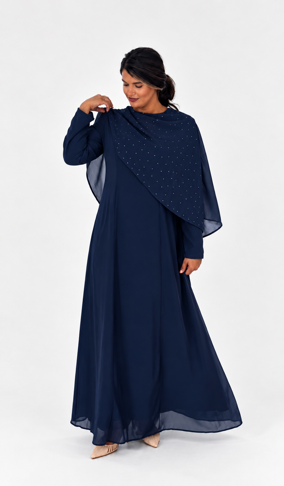 Rhinestone Cape Chiffon Dress - Navy Blue