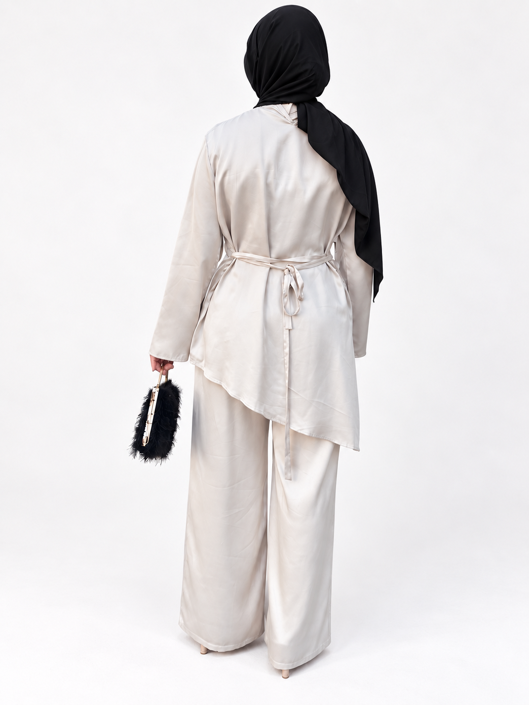 Satin Asymmetrical Tunic Set  - Stone