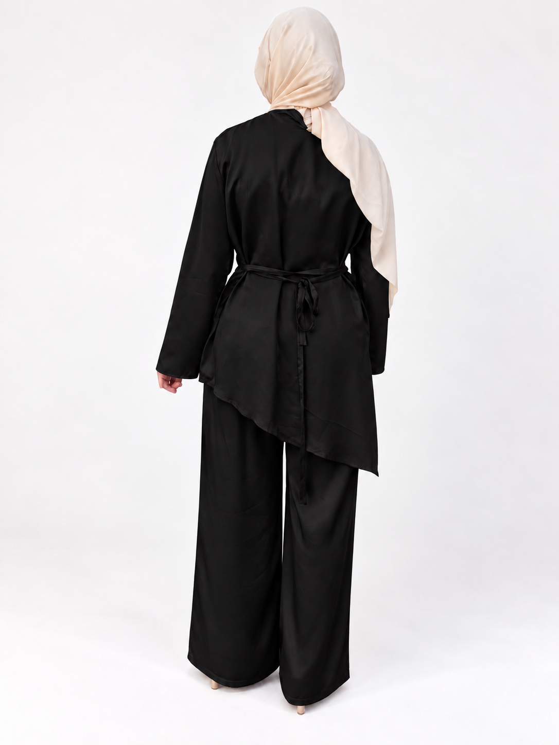 Satin Asymmetrical Tunic Set  - Black