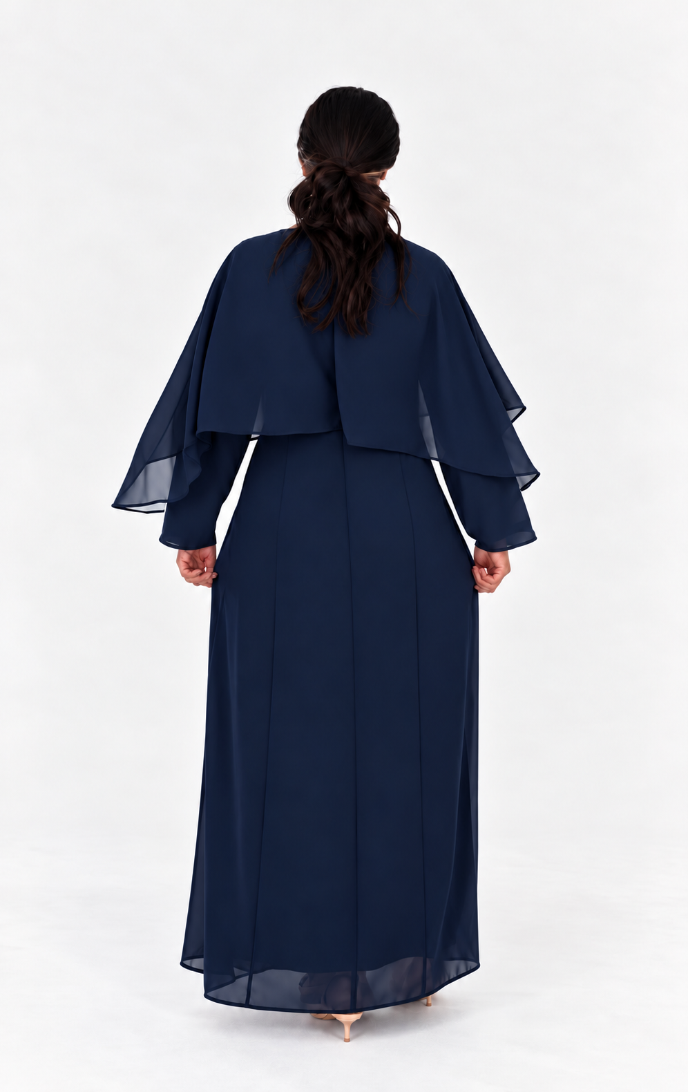 Rhinestone Cape Chiffon Dress - Navy Blue
