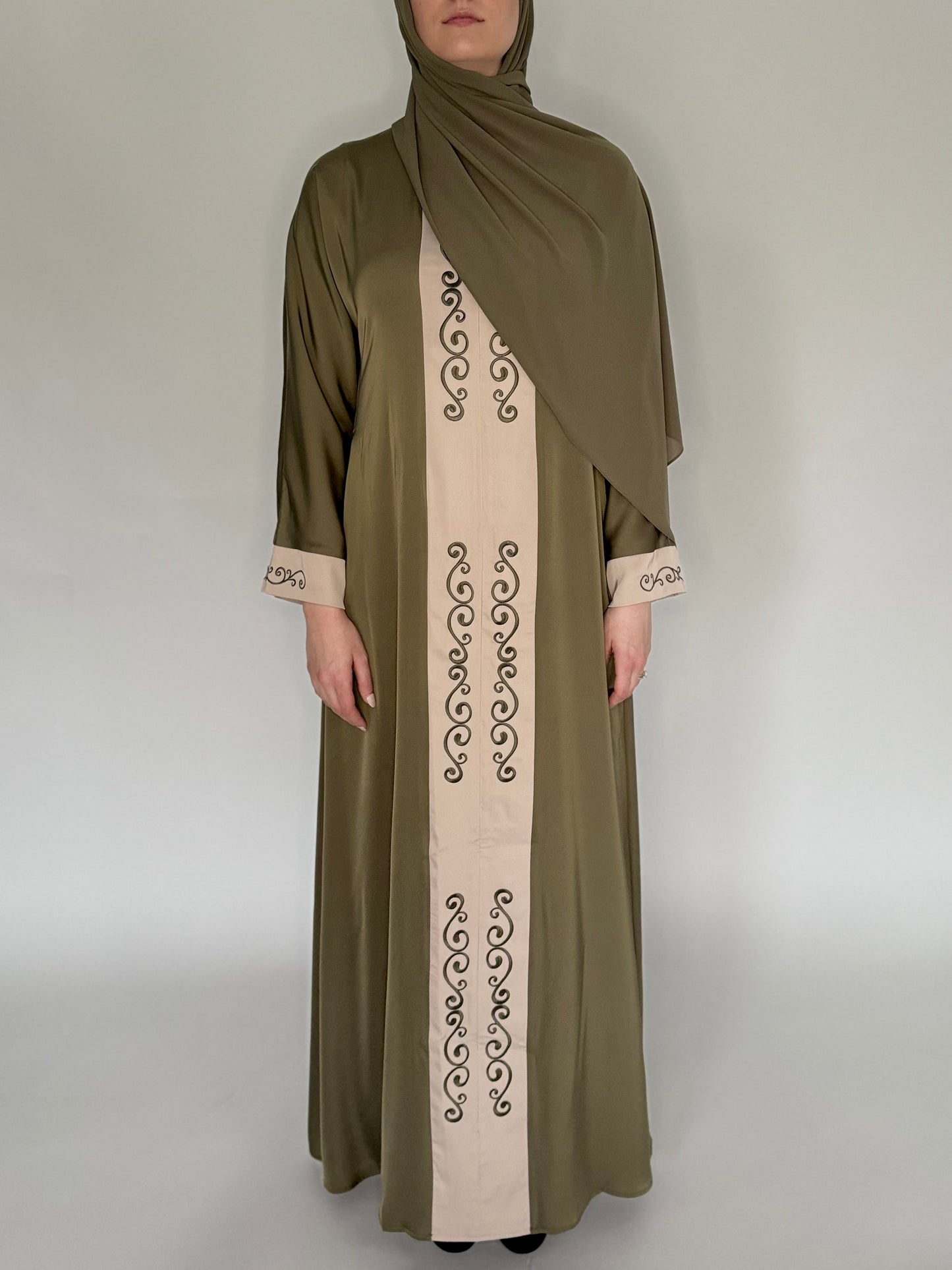 Zip Up Embroidery Abaya - Olive