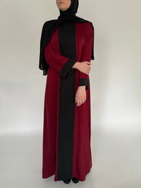 Zip Up Embroidery Abaya - Maroon
