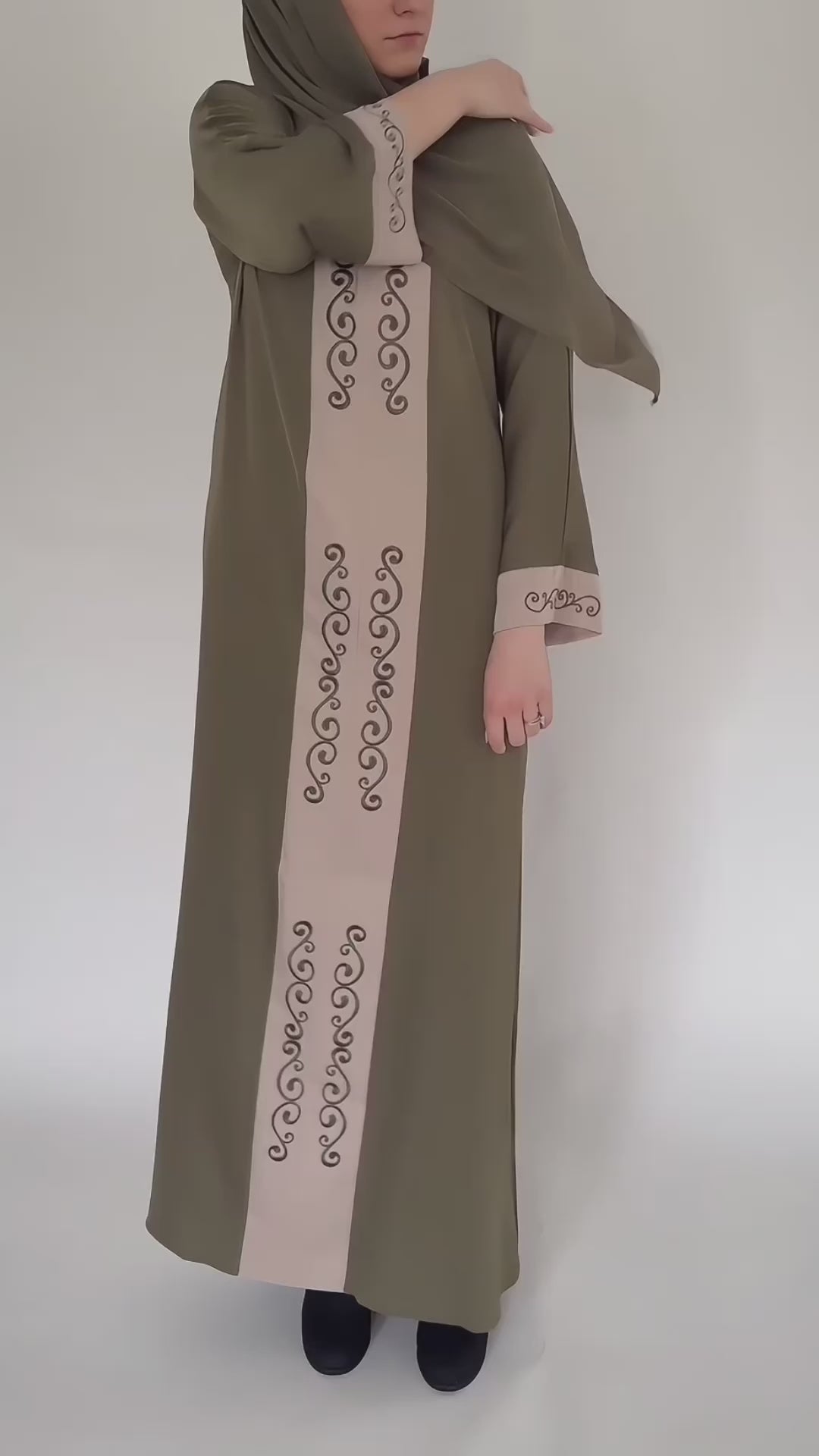 Zip Up Embroidery Abaya - Olive