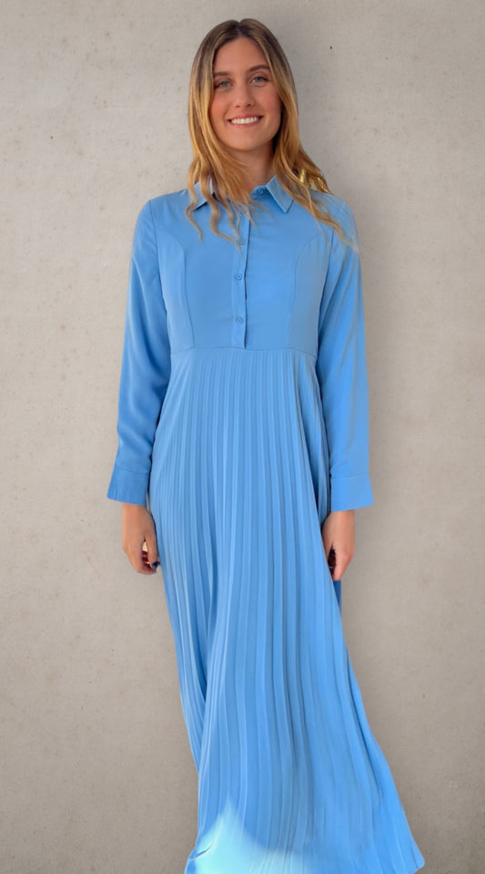 Button Down Pleated Dress Dusty Blue