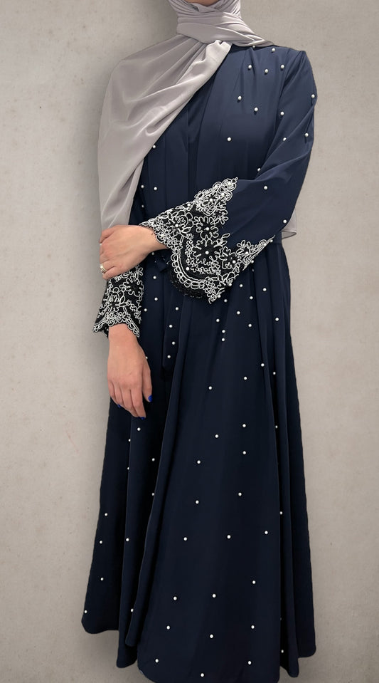 Two Piece Open Front Pearl Abaya - White Lace on Navy