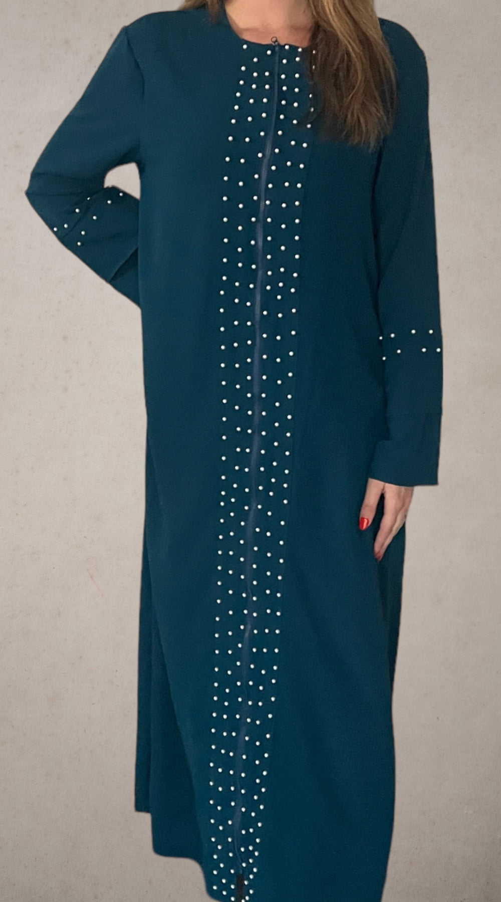 Front Zipper Pearl Abaya Blue