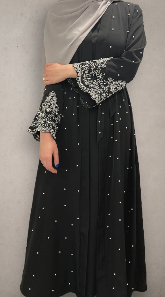 Two Piece Open Front Pearl Abaya - White Lace on Black